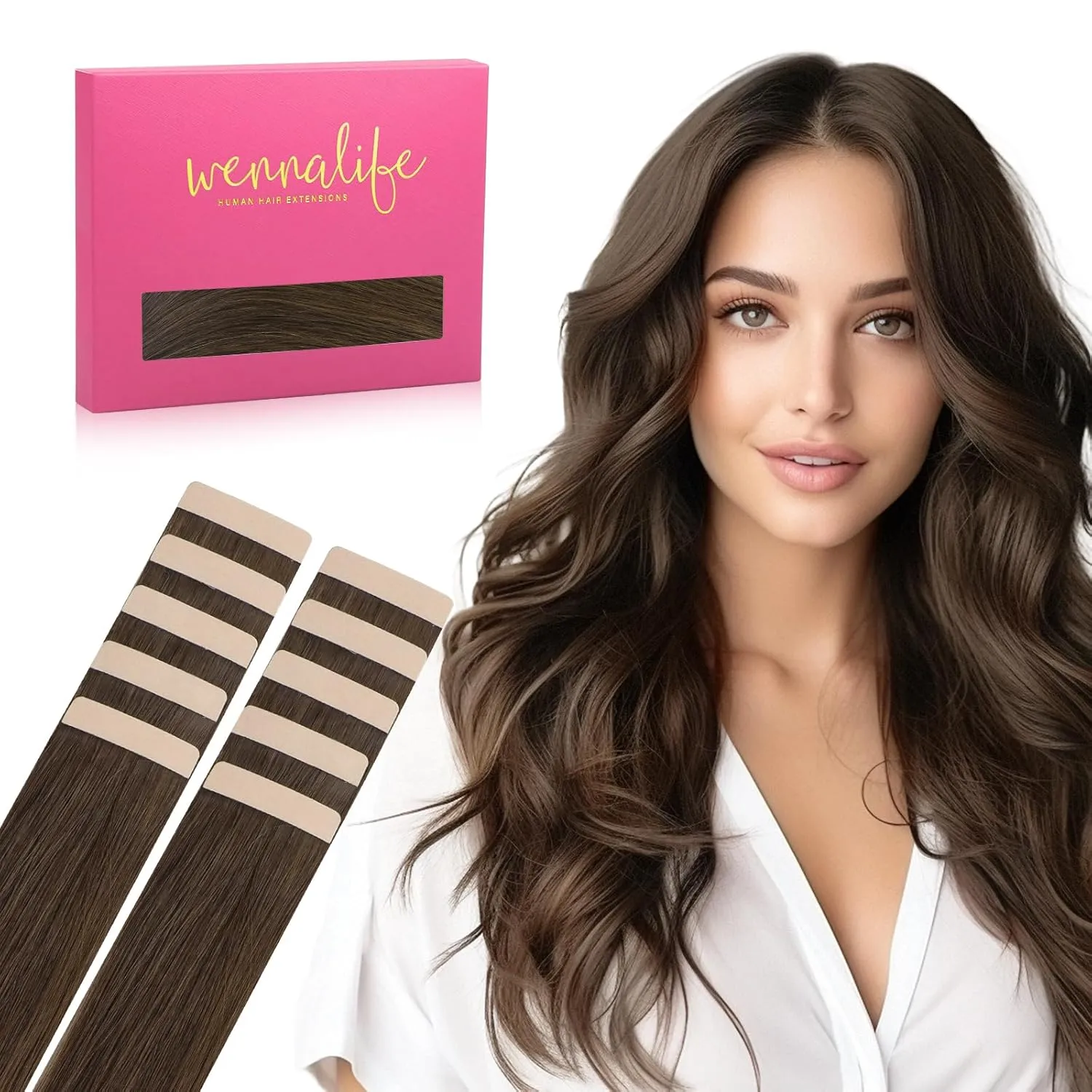 WENNALIFE Tape in Hair Extensions Human Hair Chocolate Brown Tape in Extensions, 10pcs 20g 10 inch Remy Invisible Tape Ins Straight Soft Real Human Hair Tape in Extensions Refill Set Extensions