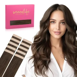WENNALIFE Tape in Hair Extensions Human Hair Chocolate Brown Tape in Extensions, 10pcs 20g 10 inch Remy Invisible Tape Ins Straight Soft Real Human Hair Tape in Extensions Refill Set Extensions