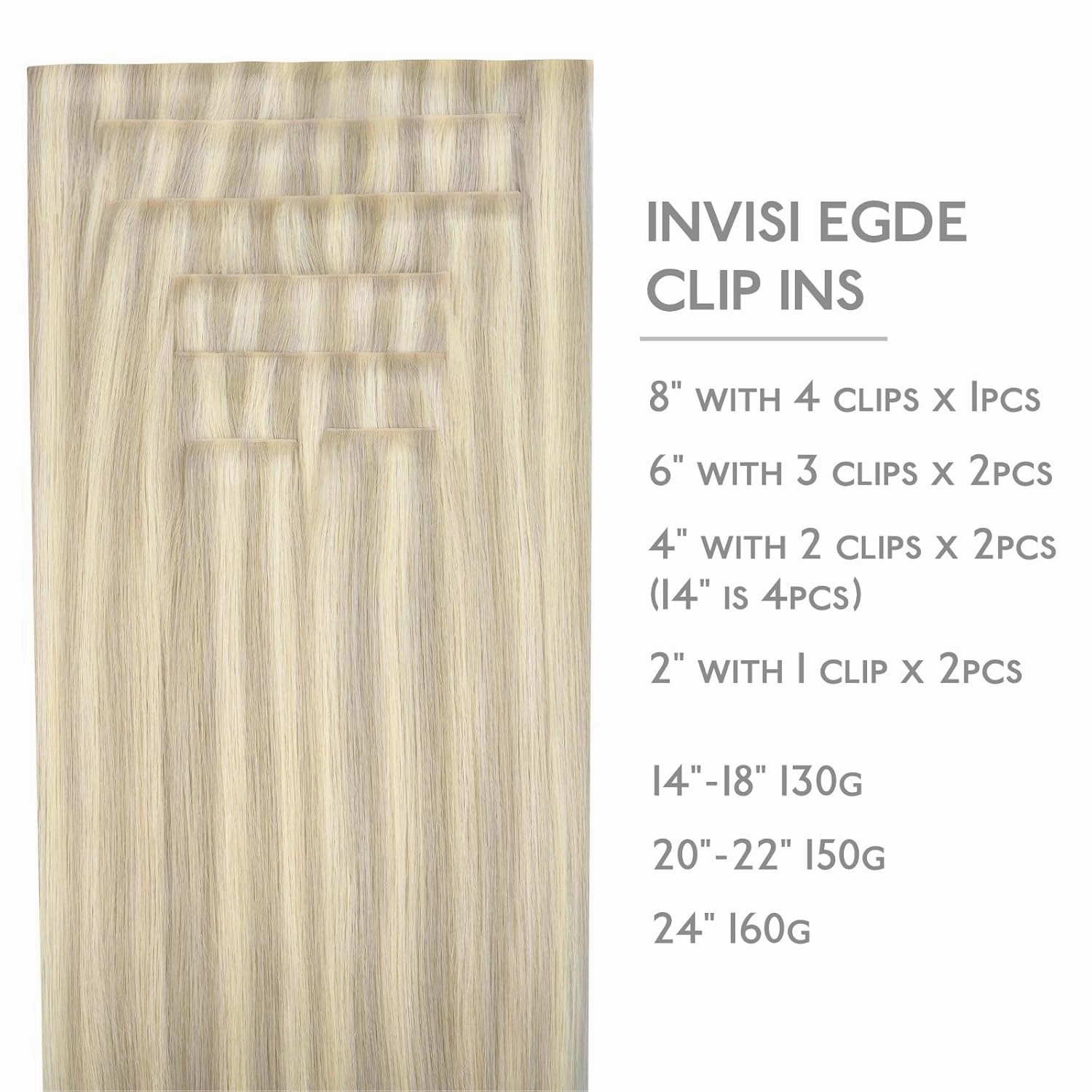 WENNALIFE Invisi Edge Clip in Hair Extensions Real Human Hair, 16 Inch 130g 7pcs Ash Blonde Highlighted Platinum Blonde Seamless Clip in Extensions Remy Hair Clip Ins Invisible PU Skin Weft Straight