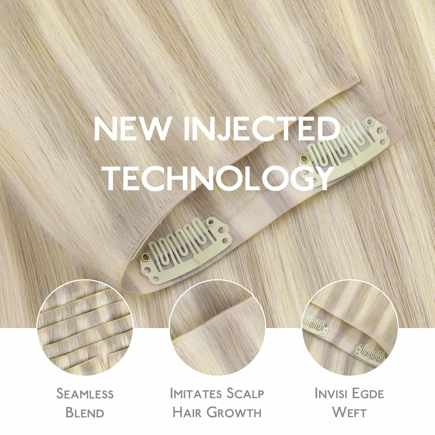 WENNALIFE Invisi Edge Clip in Hair Extensions Real Human Hair, 16 Inch 130g 7pcs Ash Blonde Highlighted Platinum Blonde Seamless Clip in Extensions Remy Hair Clip Ins Invisible PU Skin Weft Straight