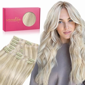 WENNALIFE Invisi Edge Clip in Hair Extensions Real Human Hair, 16 Inch 130g 7pcs Ash Blonde Highlighted Platinum Blonde Seamless Clip in Extensions Remy Hair Clip Ins Invisible PU Skin Weft Straight
