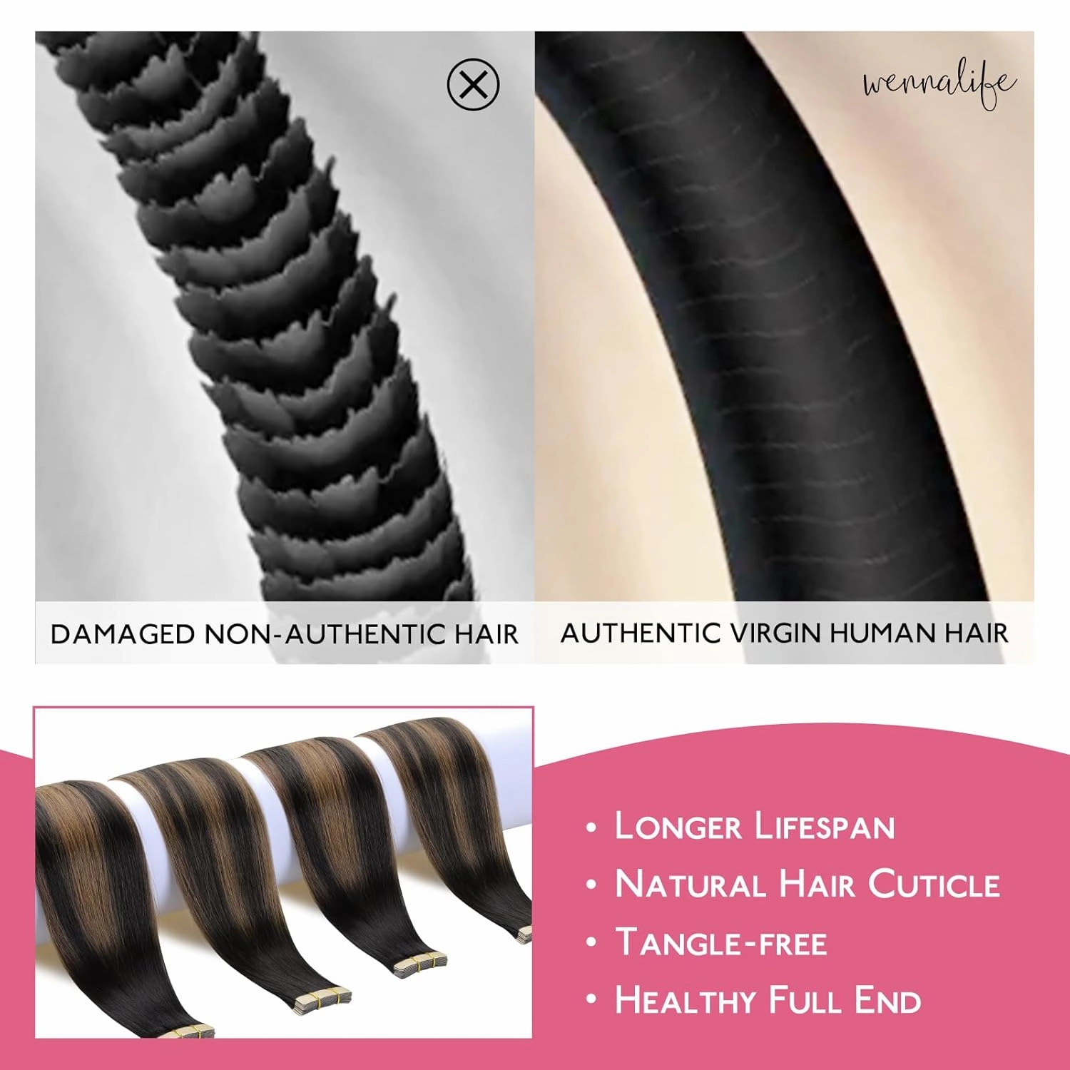 WENNALIFE Tape in Hair Extensions Human Hair Balayage Natural Black to Chestnut Brown Tape in Extensions, 10pcs 25g 16 inch Remy Invisible Tape Ins Straight Soft Real Human Hair Tape in Extensions