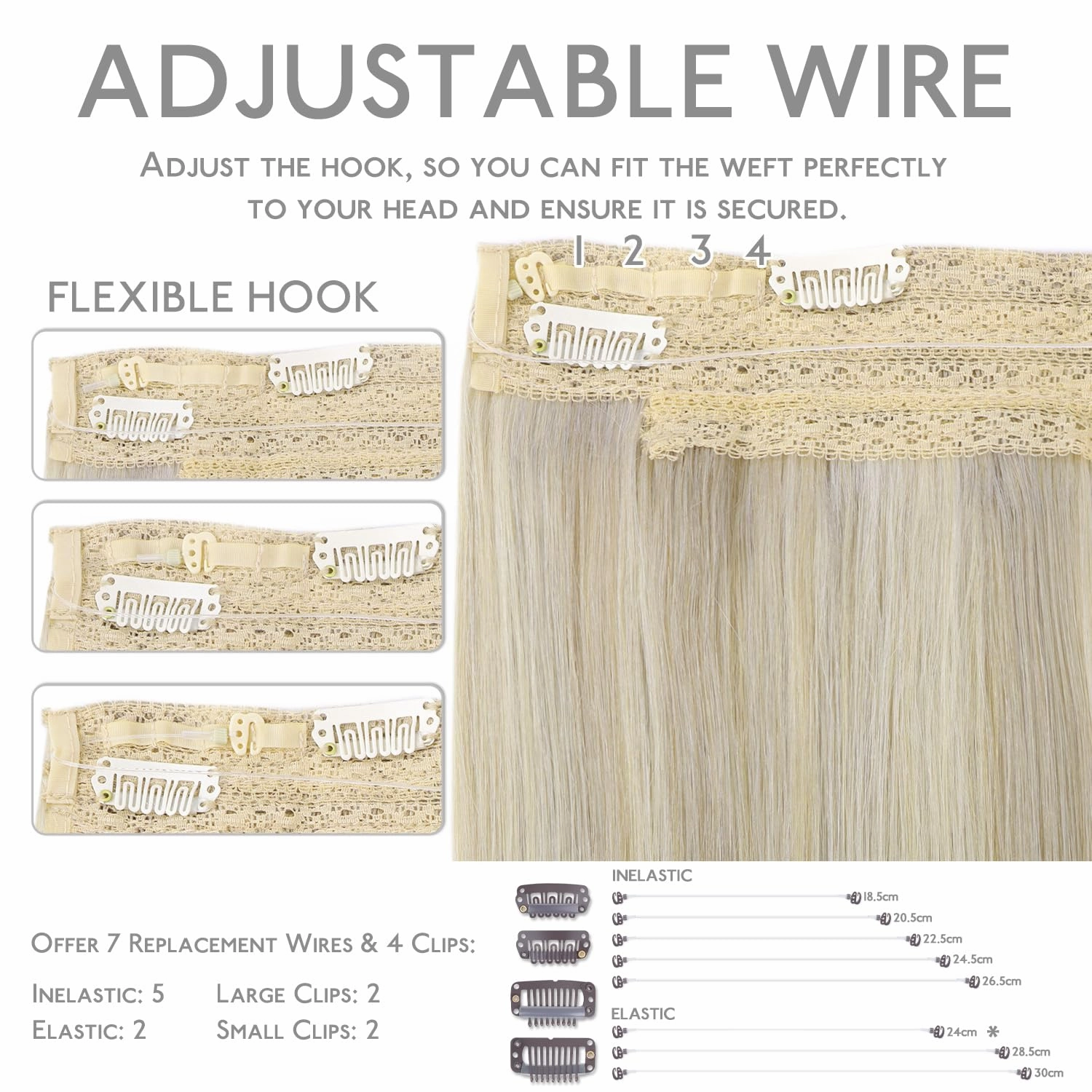 WENNALIFE Wire Hair Extensions (Increase 50% Lifespan) Real Human Hair 16 inch 95g Ash Blonde Highlighted Platinum Blonde Remy Hair Extensions Invisible