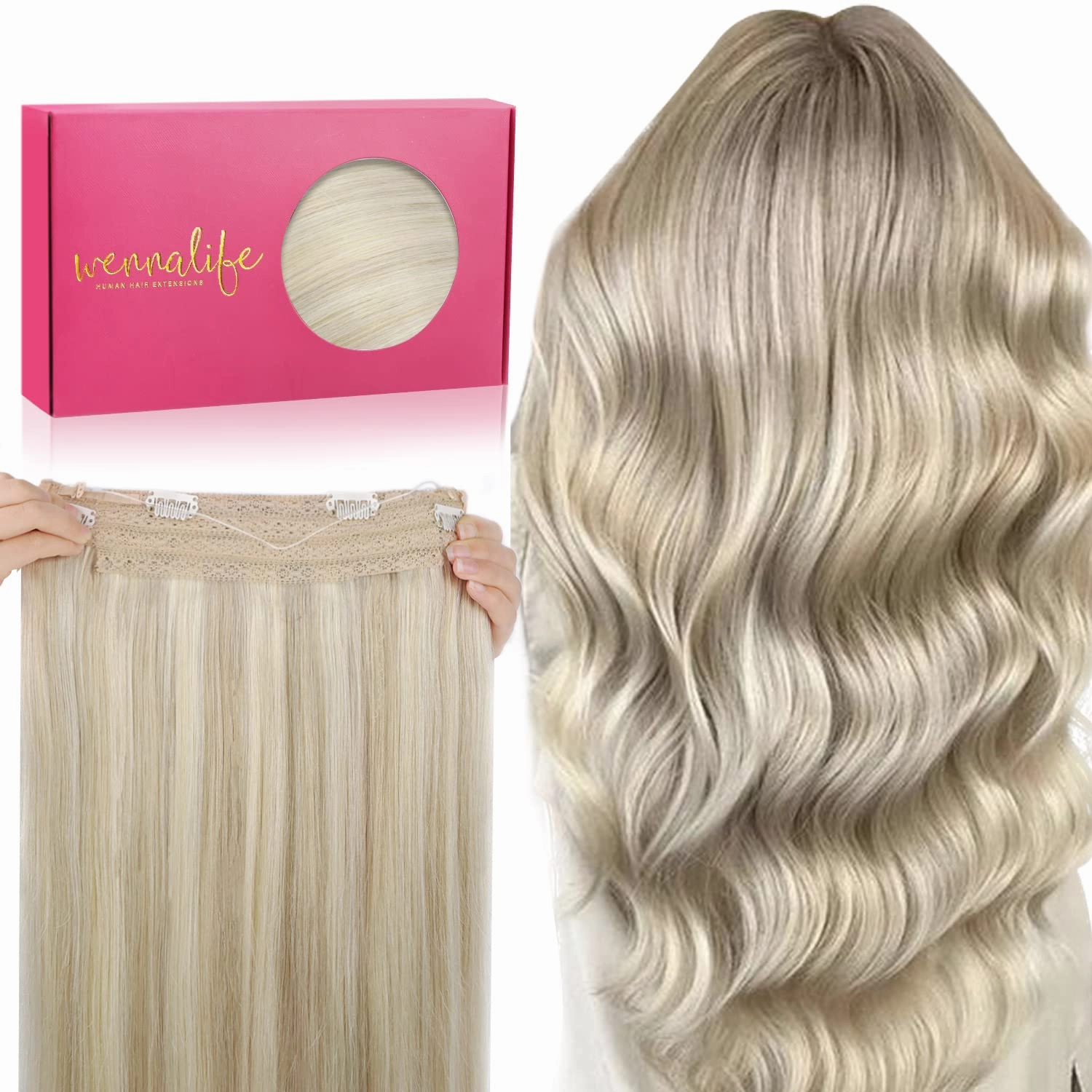 WENNALIFE Wire Hair Extensions (Increase 50% Lifespan) Real Human Hair 16 inch 95g Ash Blonde Highlighted Platinum Blonde Remy Hair Extensions Invisible
