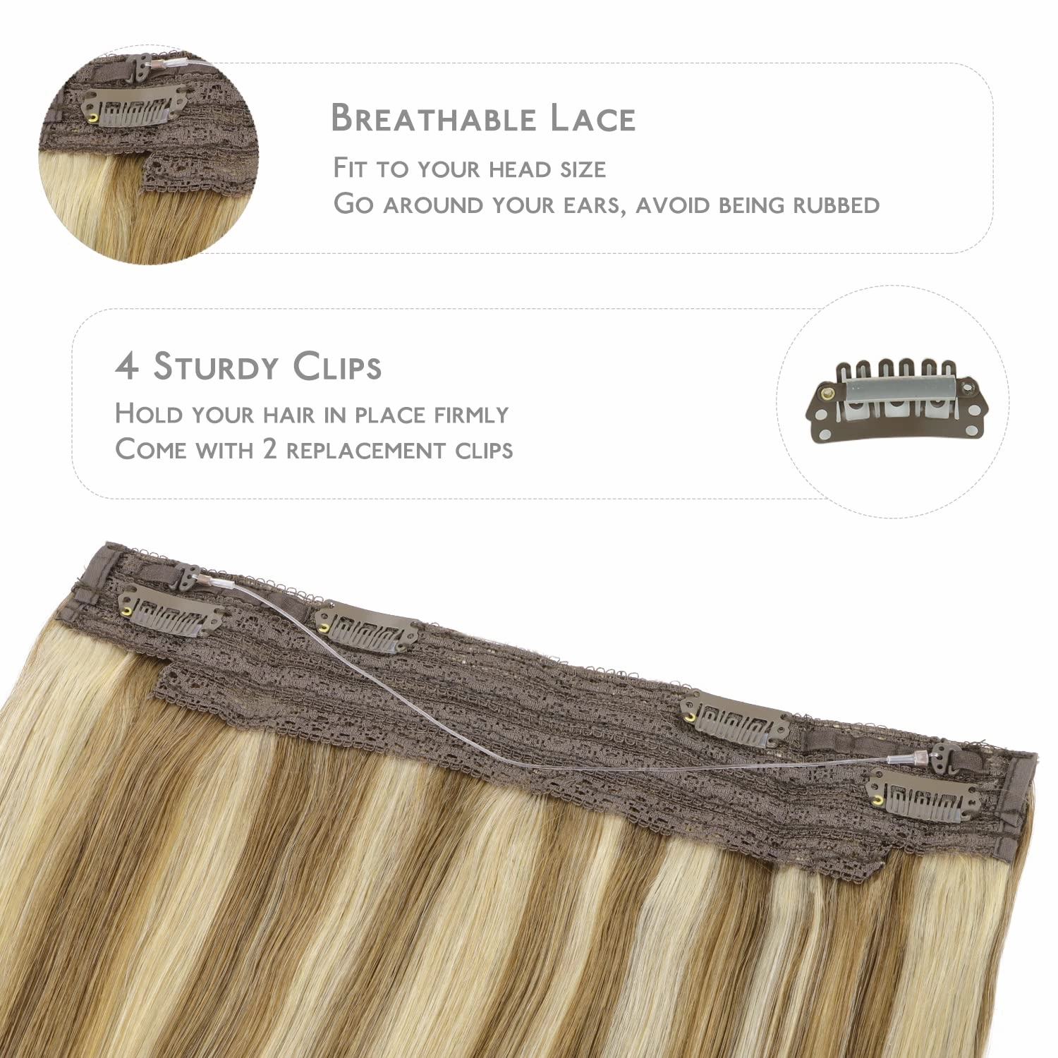 WENNALIFE Wire Hair Extensions (Increase 50% Lifespan) Real Human Hair 16 inch 95g Ash Brown Highlighted Golden Blonde Remy Hair Invisible Transparent Wire Fish Line Straight Reusable Natural