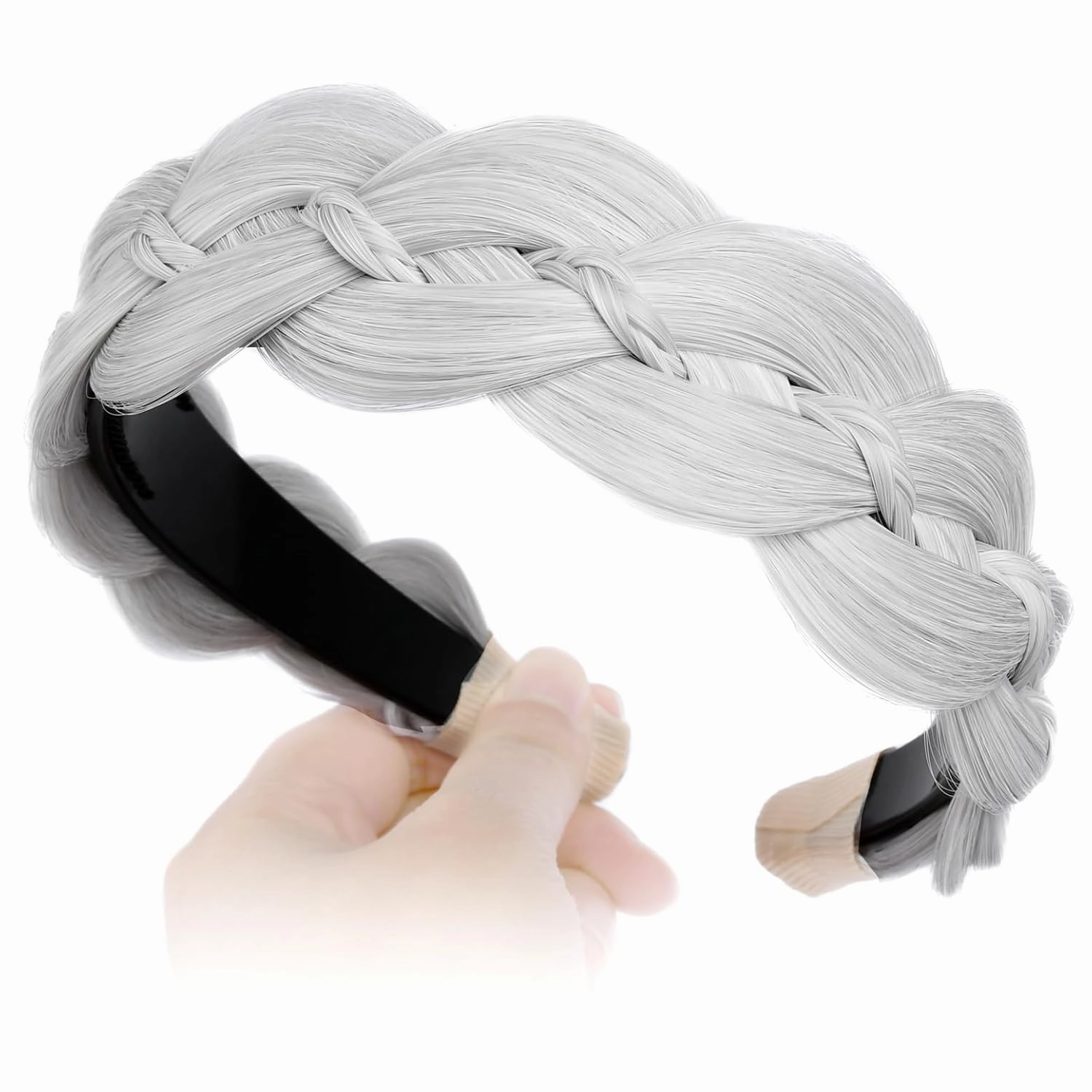 Wide Braid Headband with Teeth Synthetic Hair Braid Headband Hair Band Plaited Hairband For Women (White Gray, Free Size)