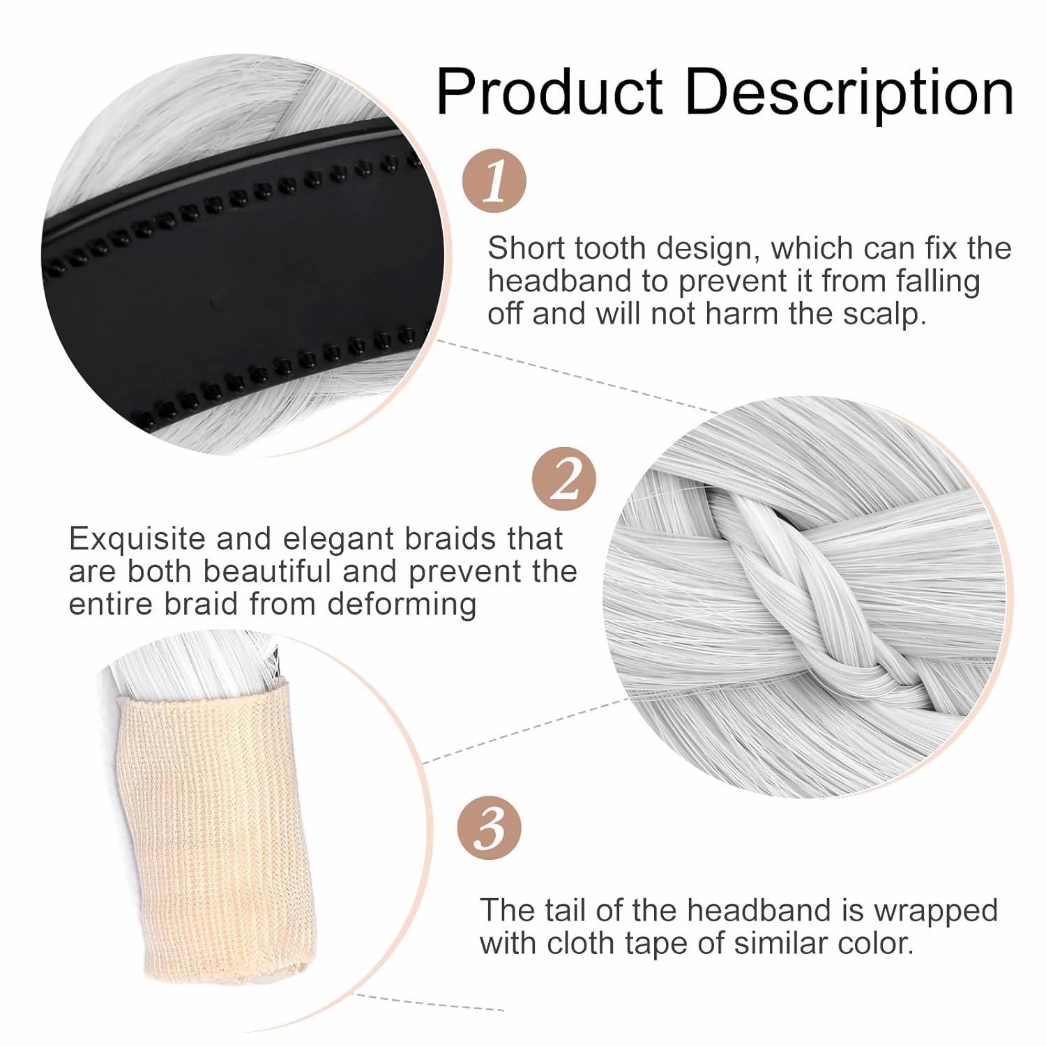 Wide Braid Headband with Teeth Synthetic Hair Braid Headband Hair Band Plaited Hairband For Women (White Gray, Free Size)