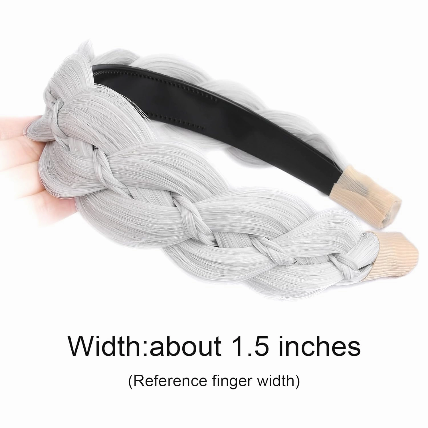 Wide Braid Headband with Teeth Synthetic Hair Braid Headband Hair Band Plaited Hairband For Women (White Gray, Free Size)
