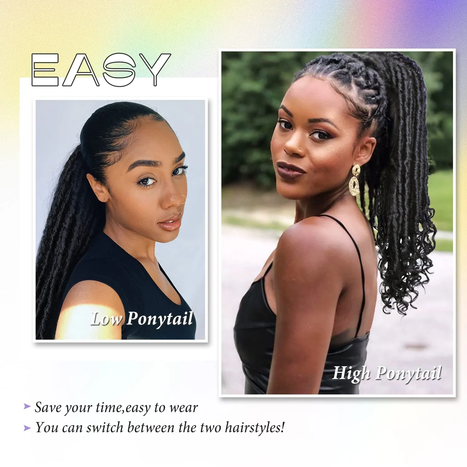 WIGER Faux Locs Ponytail Hair for Black Women Twisted Black Ponytails Clip In Dreadlock Ponytail Extensions 18 Inch Wrap Around Faux Locs Ponytails Goddess Locs with Curly Ends