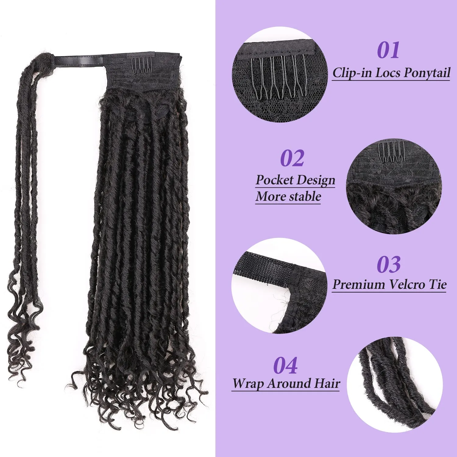WIGER Faux Locs Ponytail Hair for Black Women Twisted Black Ponytails Clip In Dreadlock Ponytail Extensions 18 Inch Wrap Around Faux Locs Ponytails Goddess Locs with Curly Ends