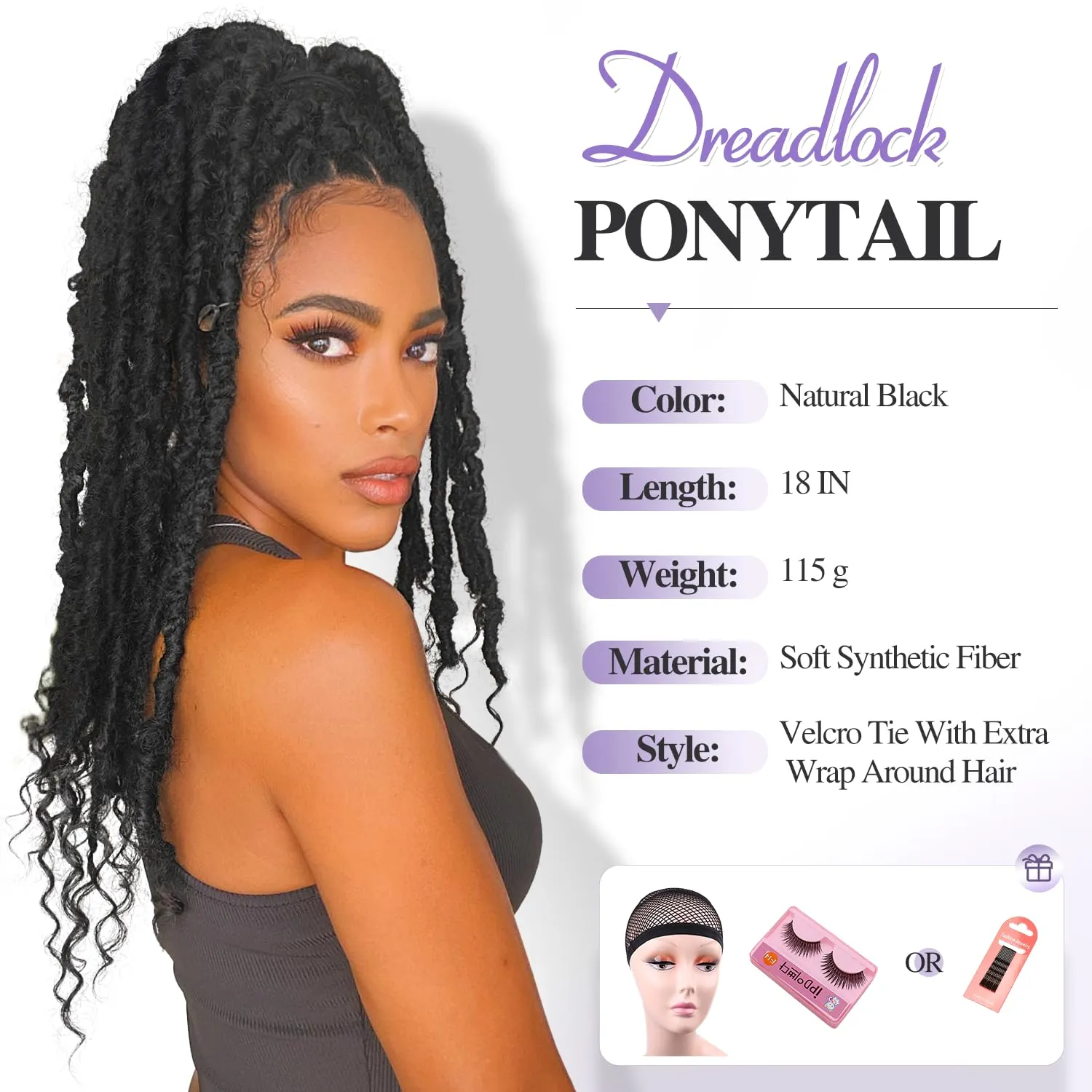 WIGER Faux Locs Ponytail Hair for Black Women Twisted Black Ponytails Clip In Dreadlock Ponytail Extensions 18 Inch Wrap Around Faux Locs Ponytails Goddess Locs with Curly Ends