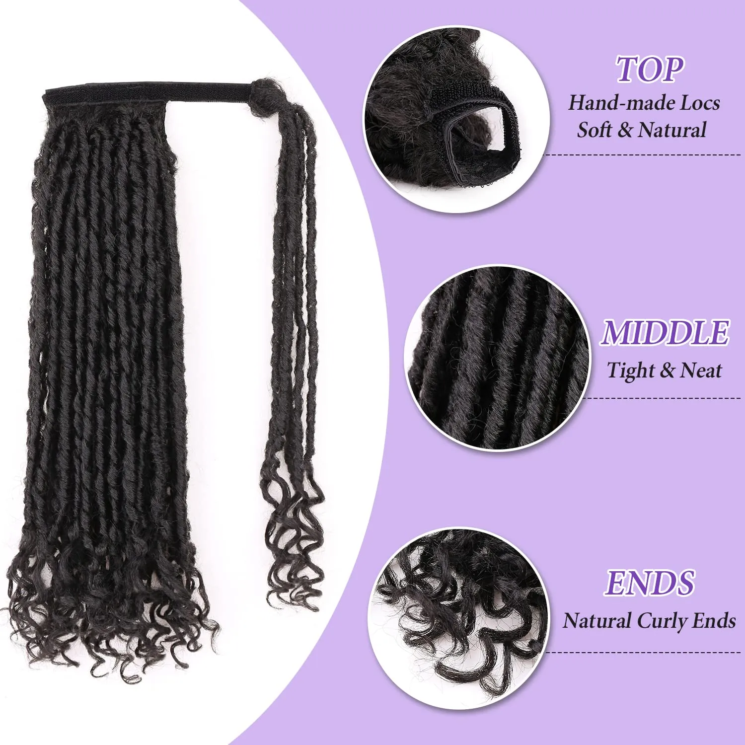 WIGER Faux Locs Ponytail Hair for Black Women Twisted Black Ponytails Clip In Dreadlock Ponytail Extensions 18 Inch Wrap Around Faux Locs Ponytails Goddess Locs with Curly Ends