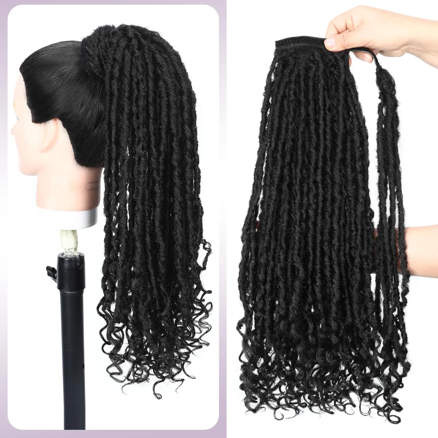 WIGER Faux Locs Ponytail Hair for Black Women Twisted Black Ponytails Clip In Dreadlock Ponytail Extensions 18 Inch Wrap Around Faux Locs Ponytails Goddess Locs with Curly Ends