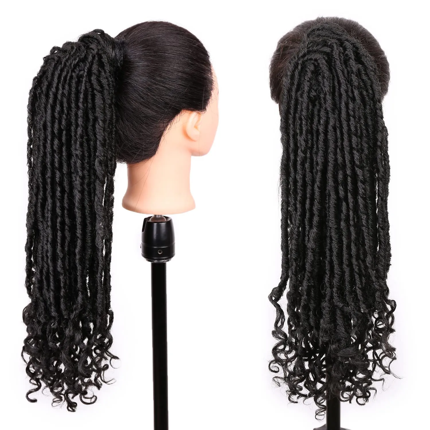 WIGER Faux Locs Ponytail Hair for Black Women Twisted Black Ponytails Clip In Dreadlock Ponytail Extensions 18 Inch Wrap Around Faux Locs Ponytails Goddess Locs with Curly Ends