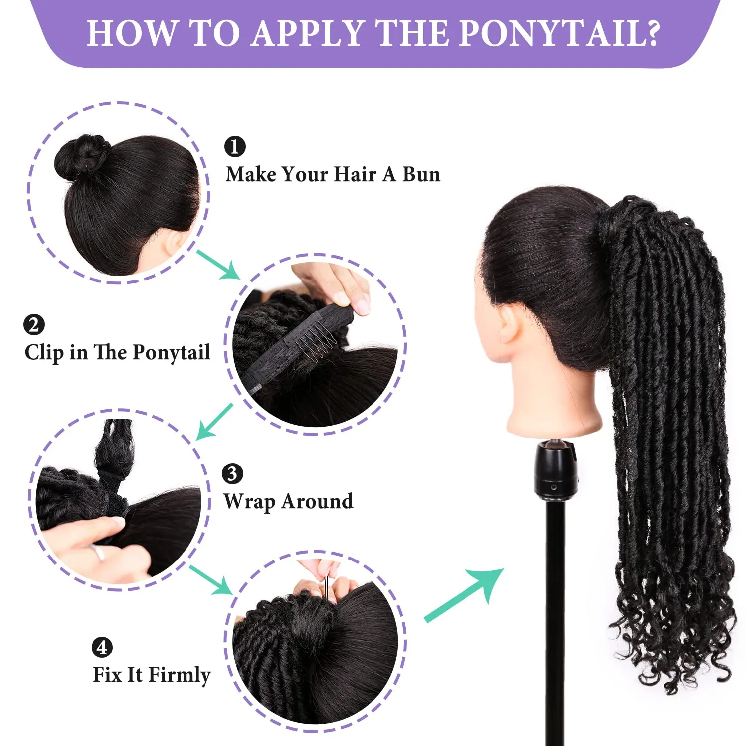 WIGER Faux Locs Ponytail Hair for Black Women Twisted Black Ponytails Clip In Dreadlock Ponytail Extensions 18 Inch Wrap Around Faux Locs Ponytails Goddess Locs with Curly Ends
