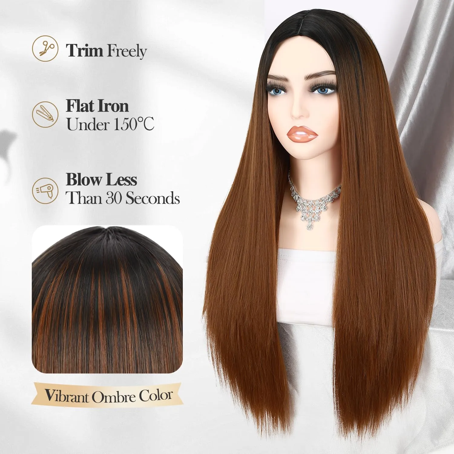 WIGER Long Straight Brown Hair Wigs for Women Auburn Straight Daily Wigs Ombre Mermaid Cosplay Wig Synthetic Colorful Natural Hair for Party or Costumes
