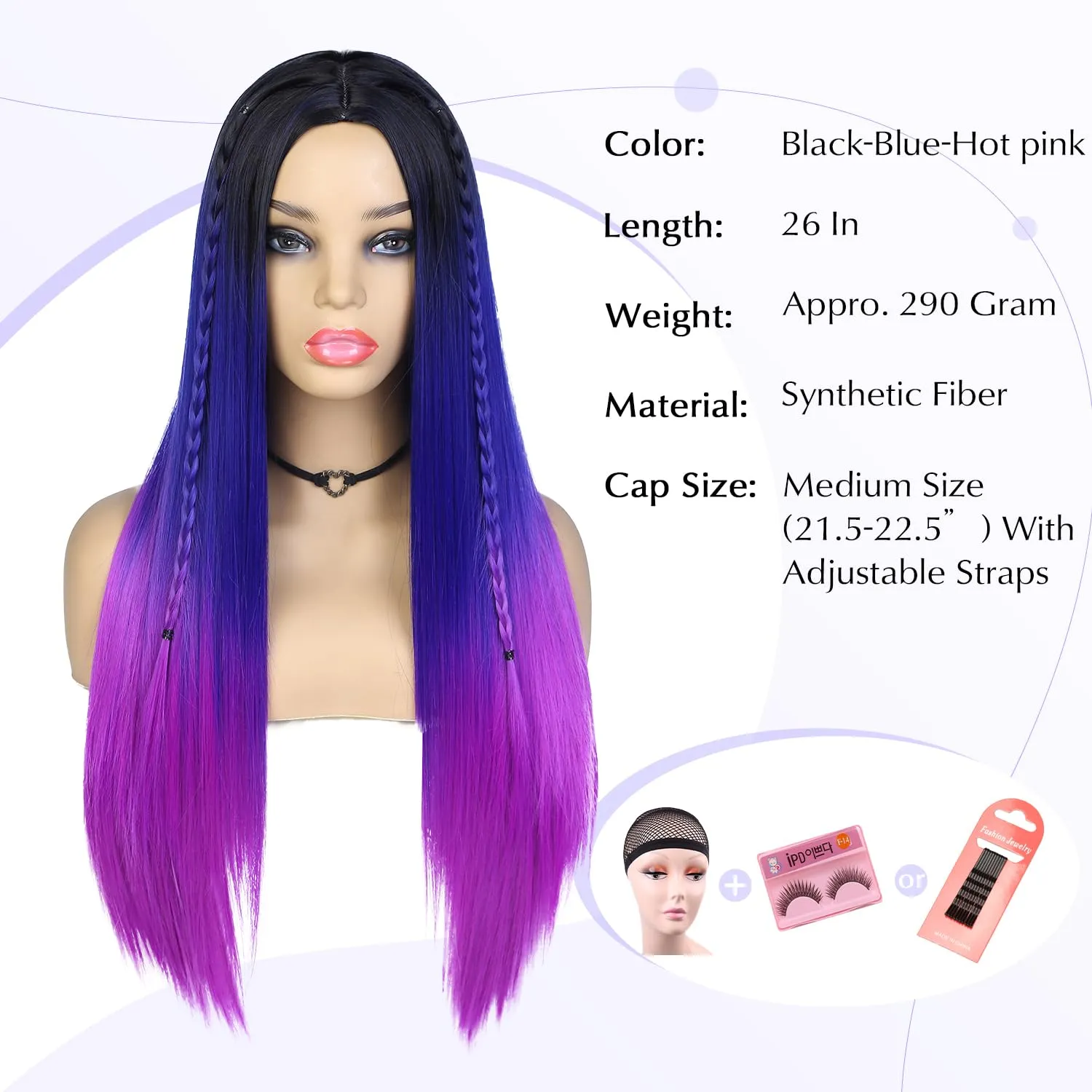 WIGER Long Straight Ombre Wigs Rainbow Mermaid Purple Wigs for Women Black To Blue To Hot Pink No Lace Three-Tone Colored Cosplay Hair 26 Inches Synthetic Girls Party Wig
