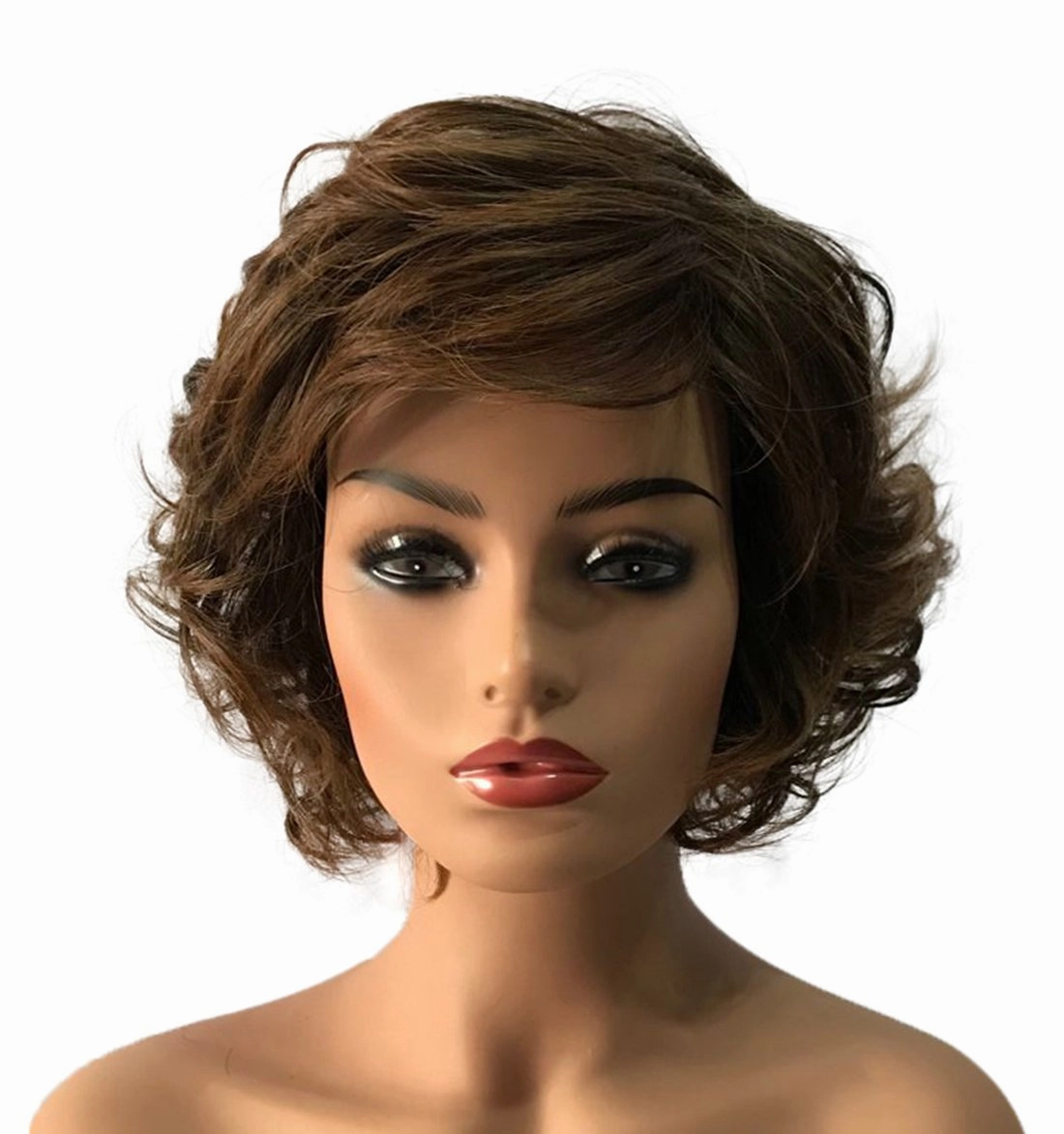 Wiginway Curly Wavy Wig Synthetic Hairpiece for Women Natural Style Medium Golden Brown Full Wigs 8 Inch