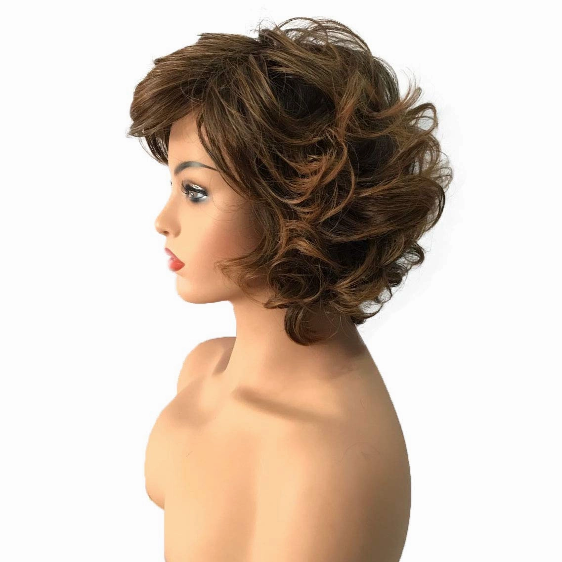 Wiginway Curly Wavy Wig Synthetic Hairpiece for Women Natural Style Medium Golden Brown Full Wigs 8 Inch
