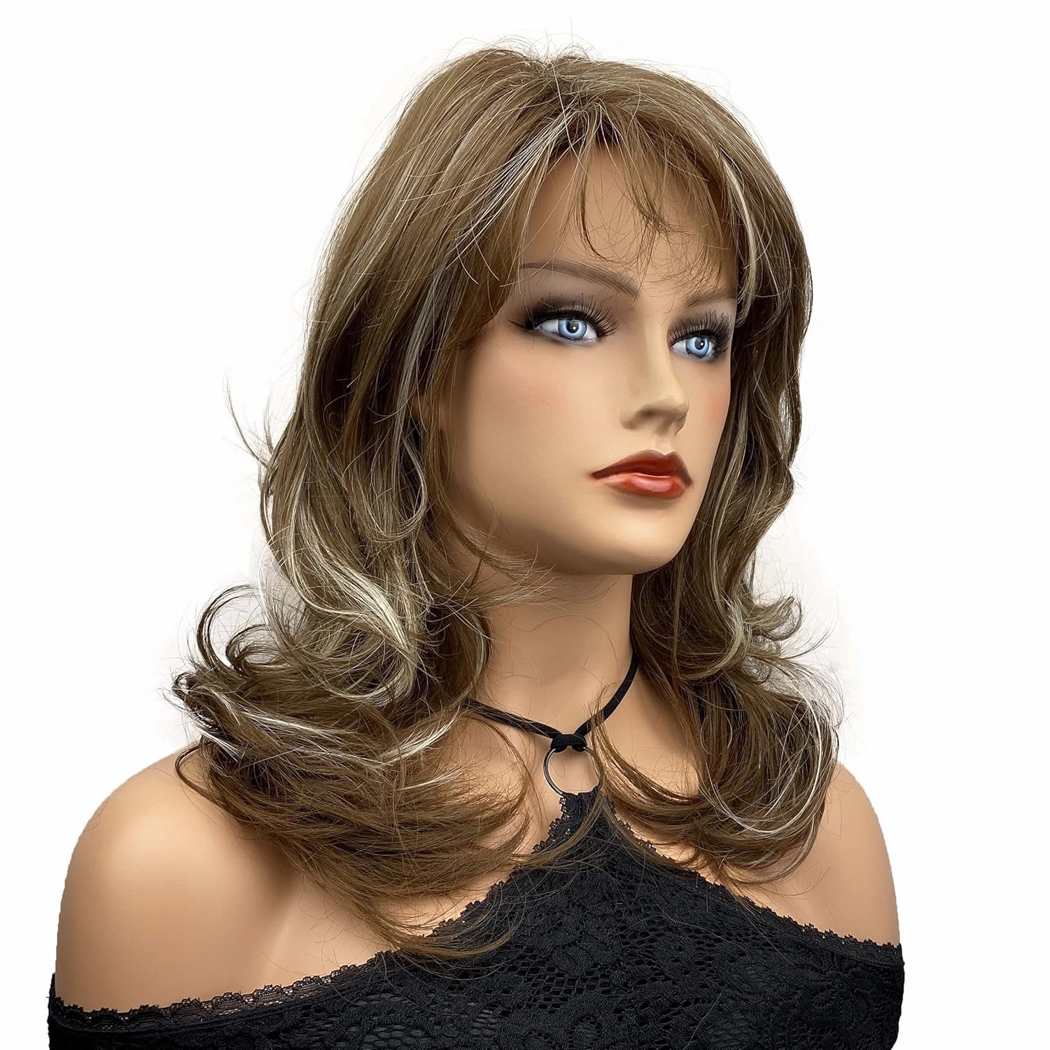 Wiginway Long Wavy Synthetic Wigs with Natural Looking Air Bangs Imported Premium Heat Resistant Hair for Women 14 Inch Brown Mixed