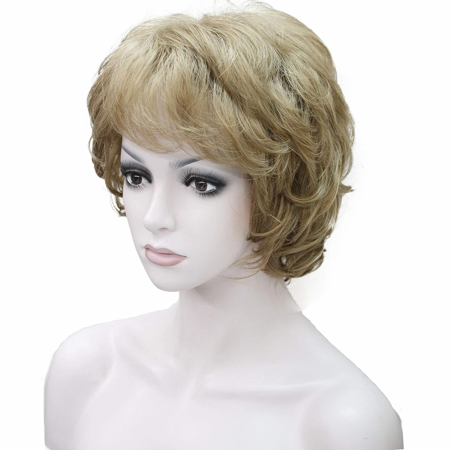 Wiginway Short Curly Wavy Synthetic Hairpiece Wigs with Bangs for Women Girls Light Strawberry Blonde