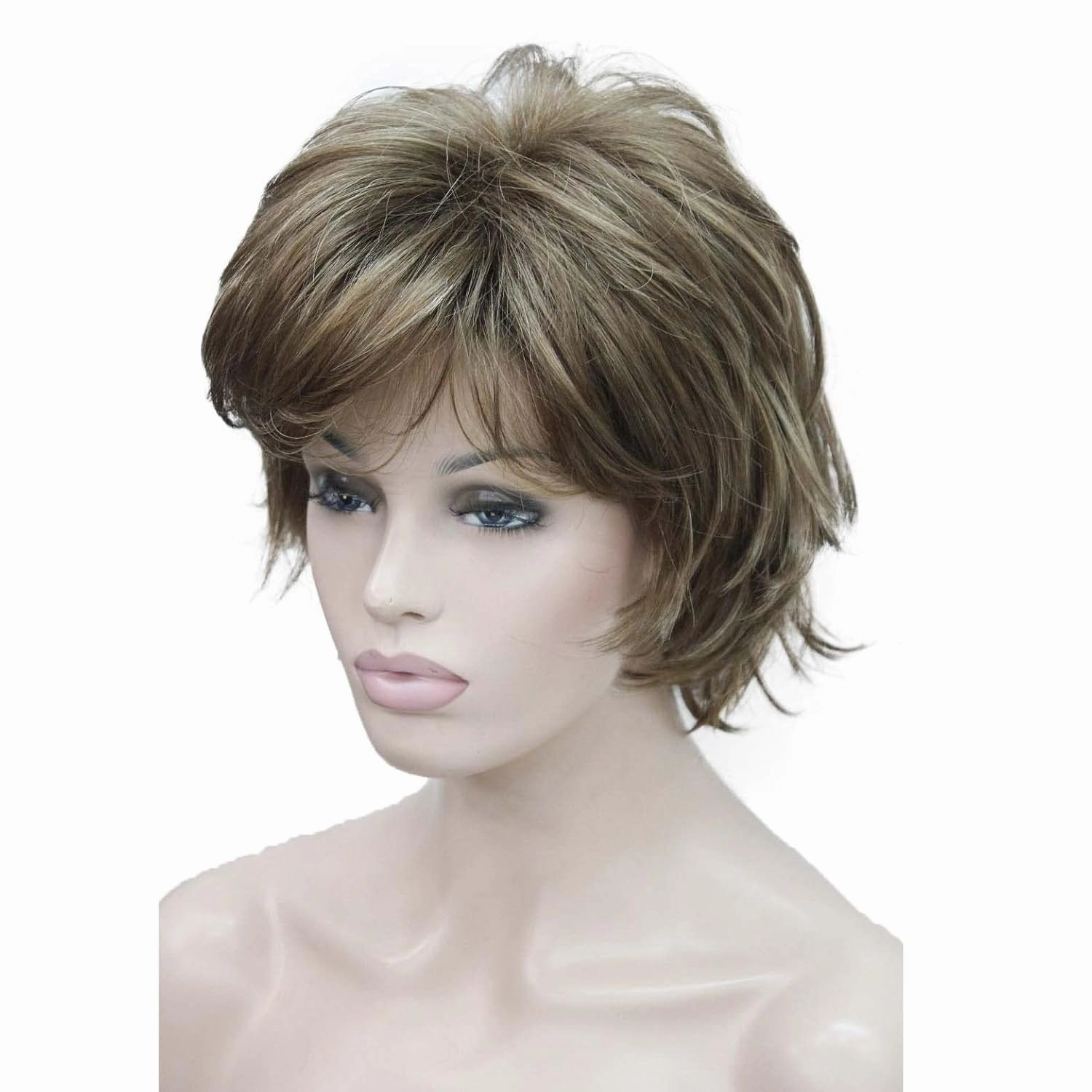 Wiginway Women's Wig Light Reddish Brown with Blonde Highlights BFluffy Short Straight Layered Hair Synthetic Full Wigs