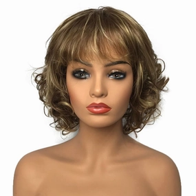 Wiginway Women Wigs Short Curly Brown Hair Wig Bangs Natural Full Synthetic Wig 6 Inches