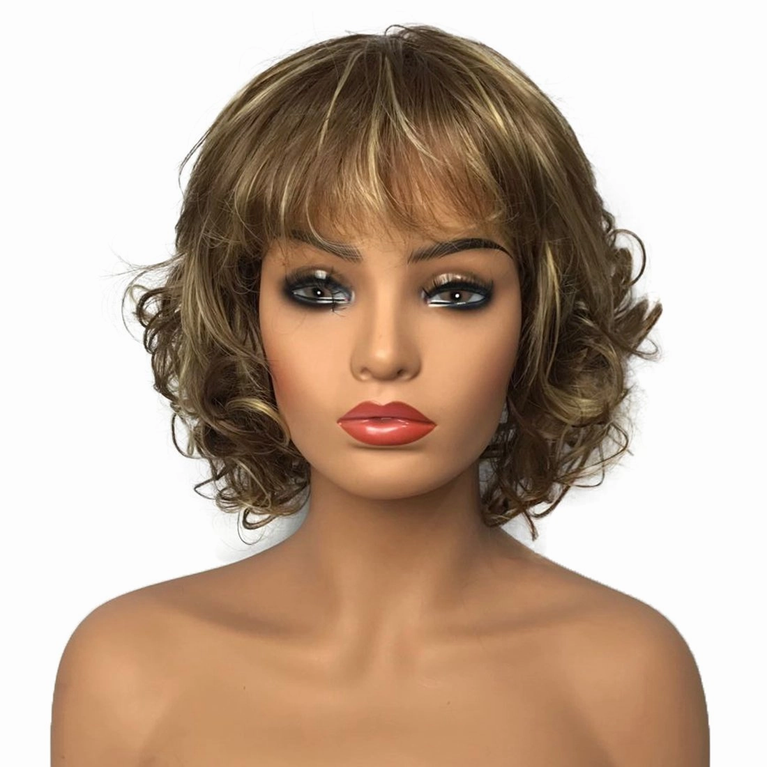 Wiginway Women Wigs Short Curly Brown Hair Wig Bangs Natural Full Synthetic Wig 6 Inches
