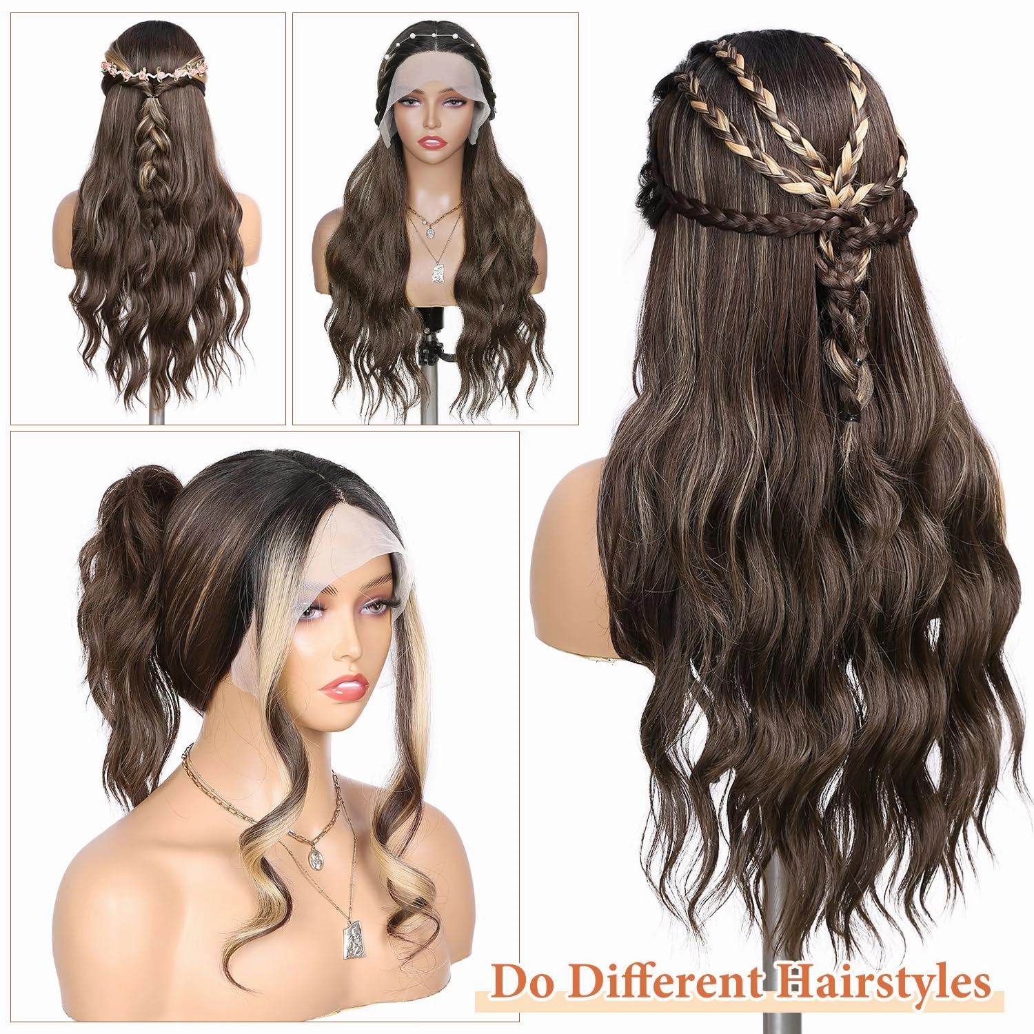WIGNEE Lace Front Wig Body Wave Black Wig Long Curly Wigs Natural Black Synthetic Lace Front Wigs for Black Women (Dark brown with highlights)