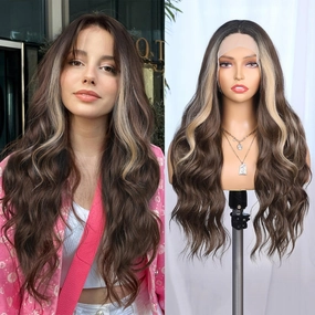 WIGNEE Lace Front Wig Body Wave Black Wig Long Curly Wigs Natural Black Synthetic Lace Front Wigs for Black Women (Dark brown with highlights)
