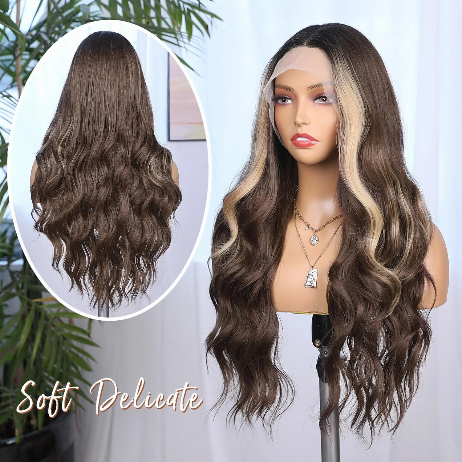 WIGNEE Lace Front Wig Body Wave Black Wig Long Curly Wigs Natural Black Synthetic Lace Front Wigs for Black Women (Dark brown with highlights)