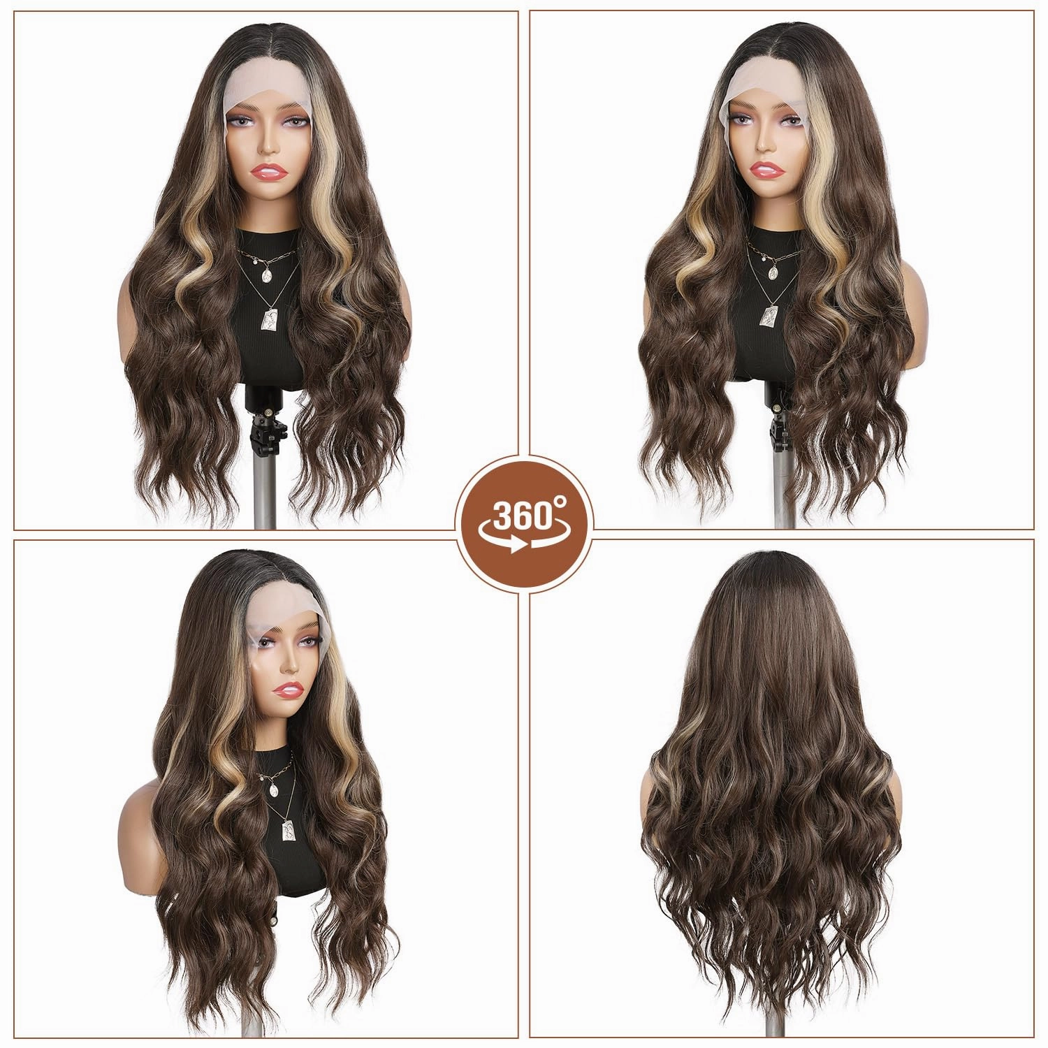 WIGNEE Lace Front Wig Body Wave Black Wig Long Curly Wigs Natural Black Synthetic Lace Front Wigs for Black Women (Dark brown with highlights)