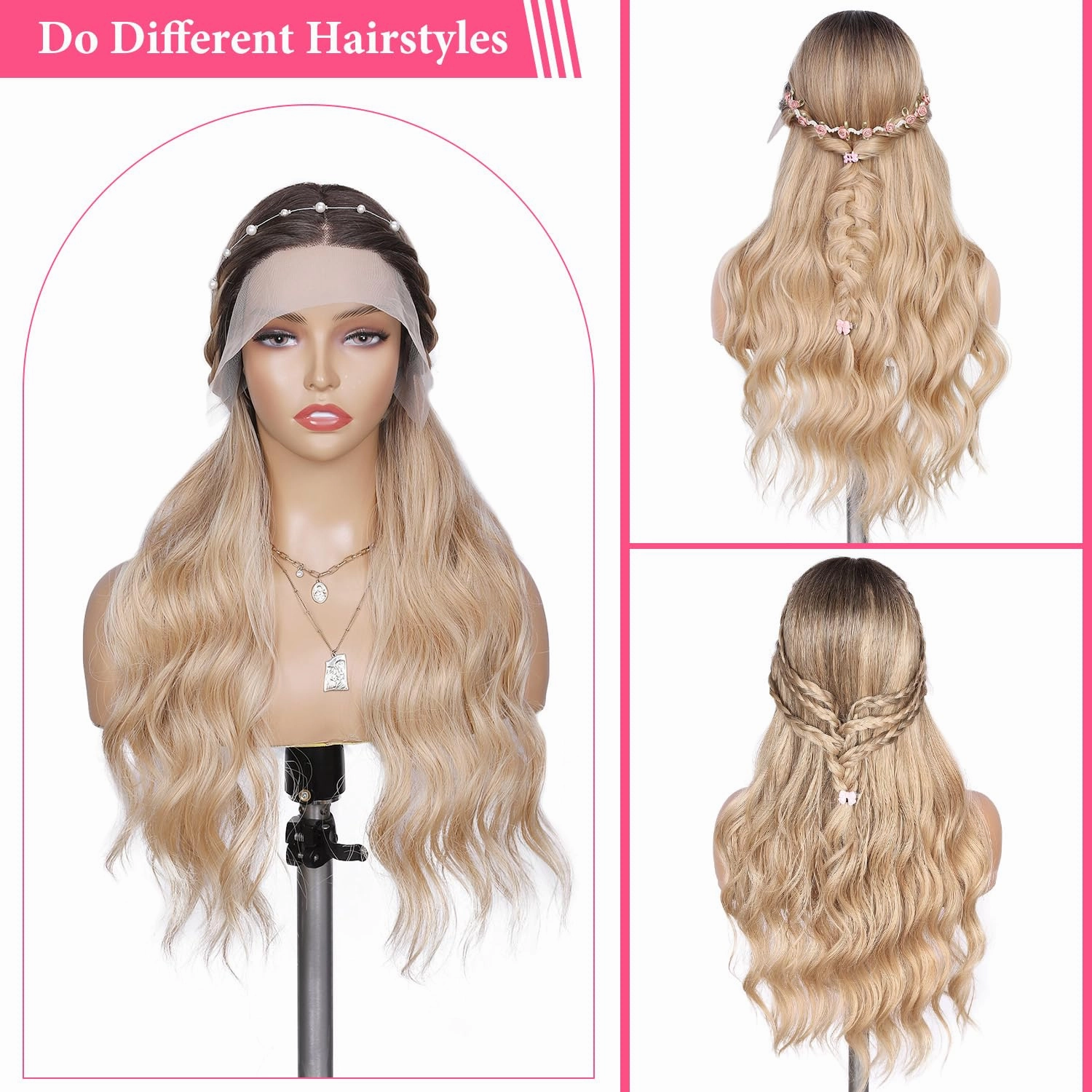 WIGNEE Lace Front Wig Body Wave Blonde Wig Long Curly Wigs Synthetic Lace Front Wigs for Black Women (Ombre Blonde)