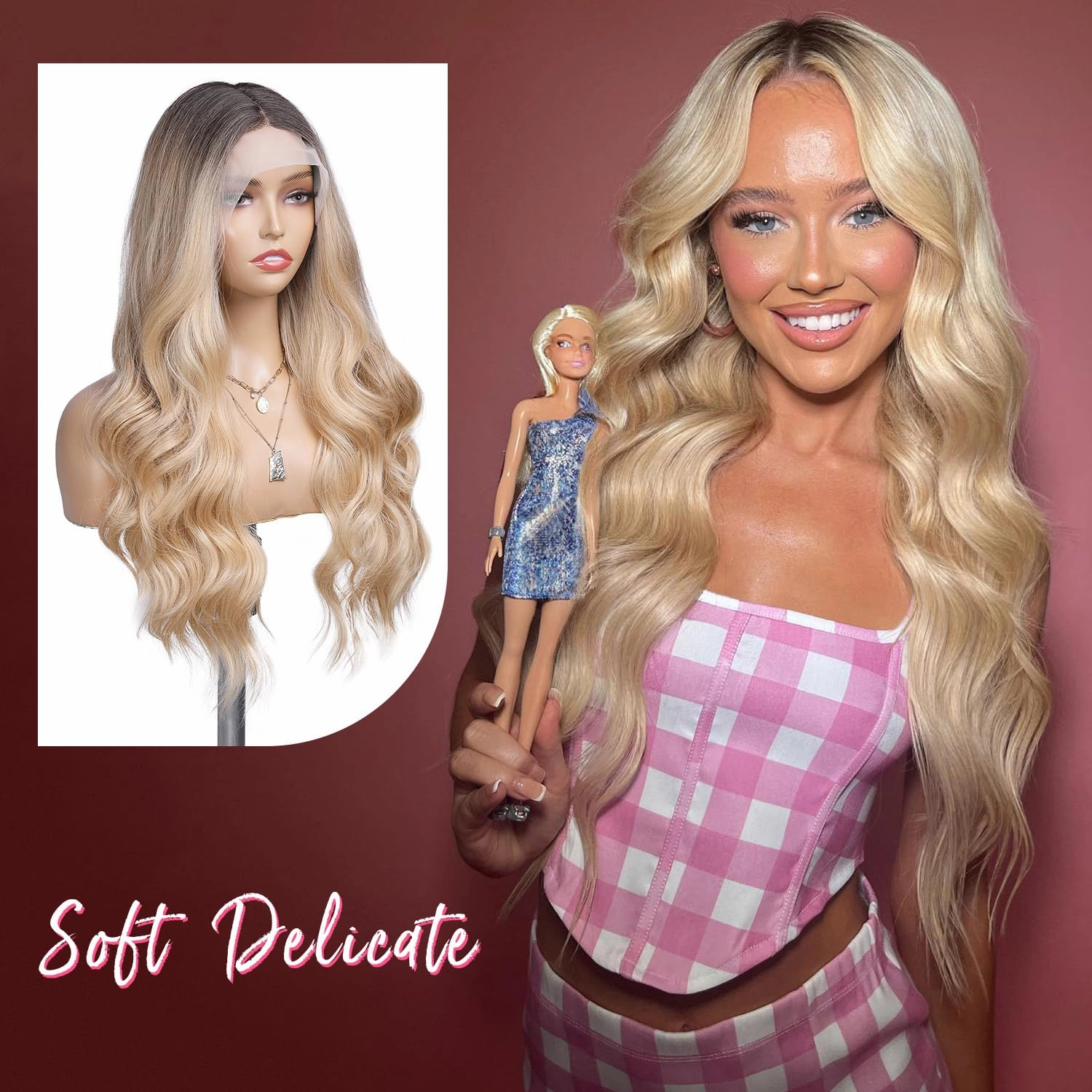 WIGNEE Lace Front Wig Body Wave Blonde Wig Long Curly Wigs Synthetic Lace Front Wigs for Black Women (Ombre Blonde)