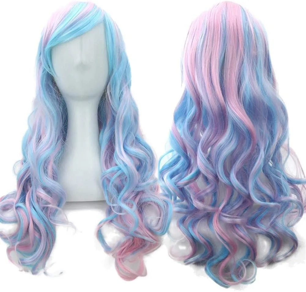 Wigs Cos Wig Pink Gradient Blue Long Section of Hair Cosplay Curly Hair Natural Appearance Heat-Resistant Fiber Synthetic Wig wig