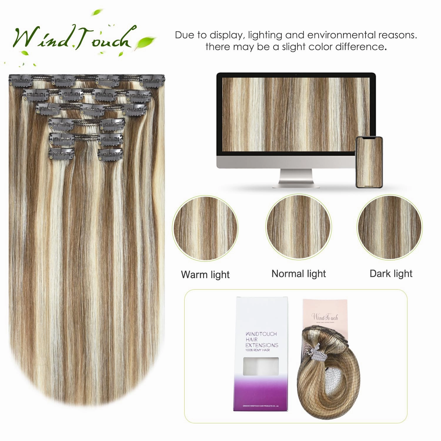 WindTouch Clip in Hair Extensions Real Human Hair Balayage Ash Blonde To Platinum Blonde Highlights Thick Full Head 14Inch 120g 7 Pieces