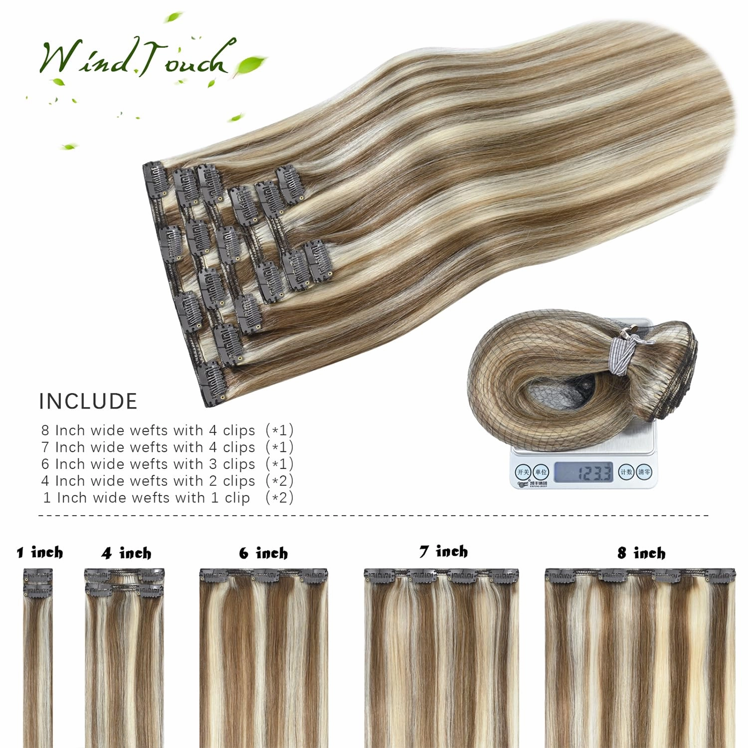 WindTouch Clip in Hair Extensions Real Human Hair Balayage Ash Blonde To Platinum Blonde Highlights Thick Full Head 14Inch 120g 7 Pieces