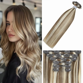 WindTouch Clip in Hair Extensions Real Human Hair Balayage Ash Blonde To Platinum Blonde Highlights Thick Full Head 14Inch 120g 7 Pieces