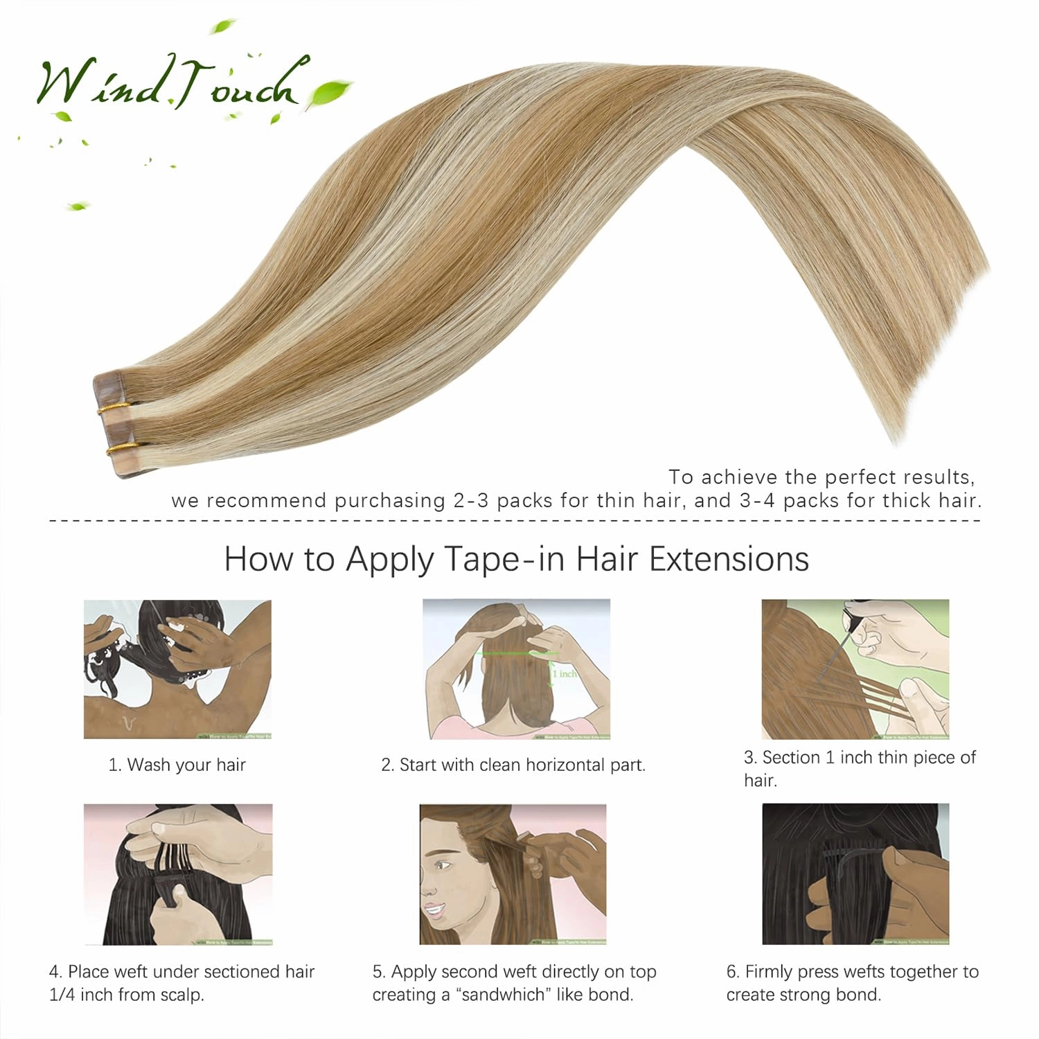 WindTouch Tape in Hair Extensions Mixed Bleach Blonde 100% Human Hair Extensions Straight 20Inch #18p613 50g