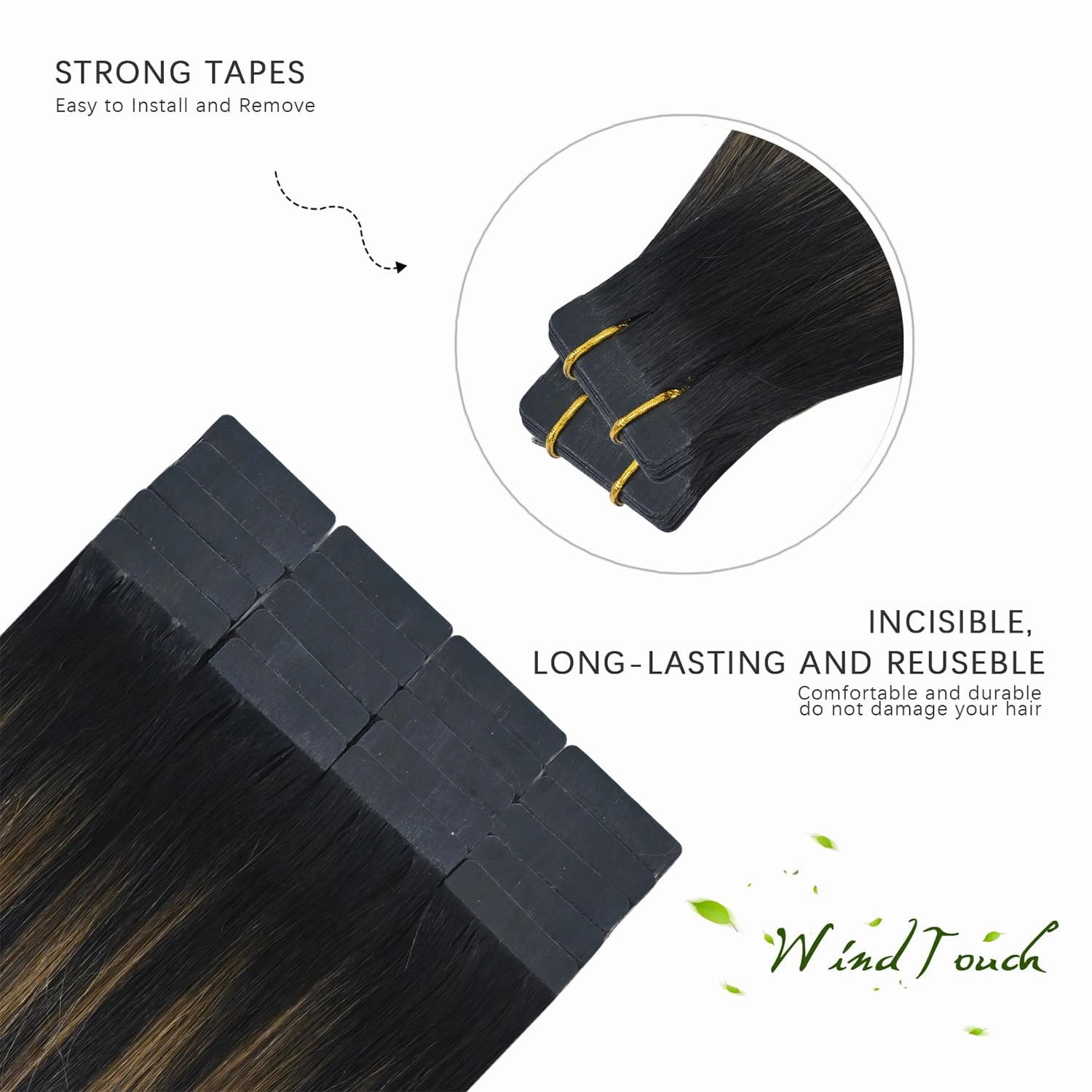 WindTouch Tape in Hair Extensions Natural Black to Chestnut Brown Balayage 20 inch Tape in Human Hair Straight Real Natural Thick Hair Extensions 20Pcs 50g Straight