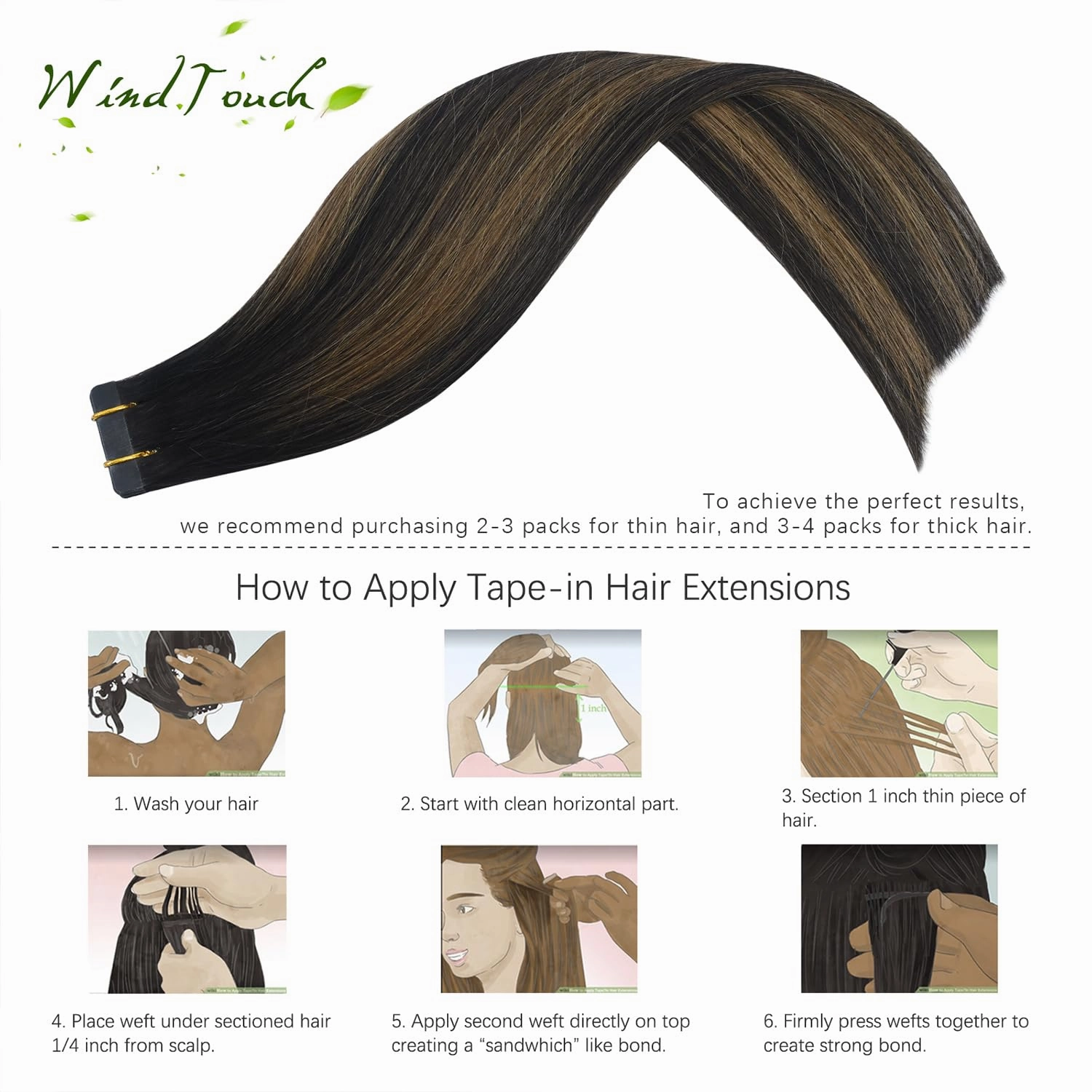 WindTouch Tape in Hair Extensions Natural Black to Chestnut Brown Balayage 20 inch Tape in Human Hair Straight Real Natural Thick Hair Extensions 20Pcs 50g Straight