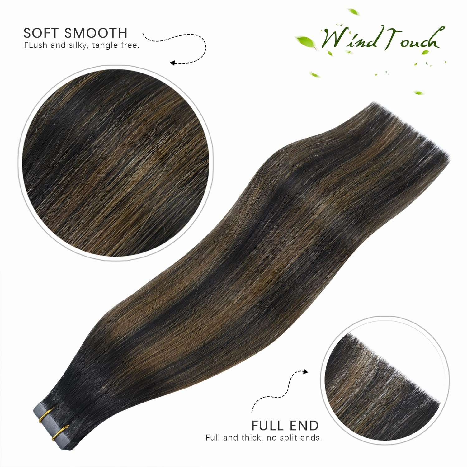 WindTouch Tape in Hair Extensions Natural Black to Chestnut Brown Balayage 20 inch Tape in Human Hair Straight Real Natural Thick Hair Extensions 20Pcs 50g Straight