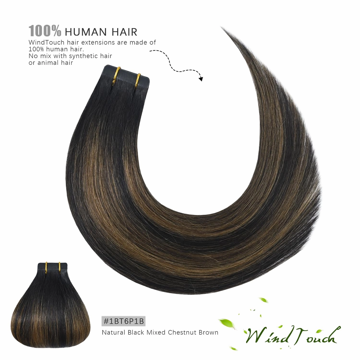 WindTouch Tape in Hair Extensions Natural Black to Chestnut Brown Balayage 20 inch Tape in Human Hair Straight Real Natural Thick Hair Extensions 20Pcs 50g Straight