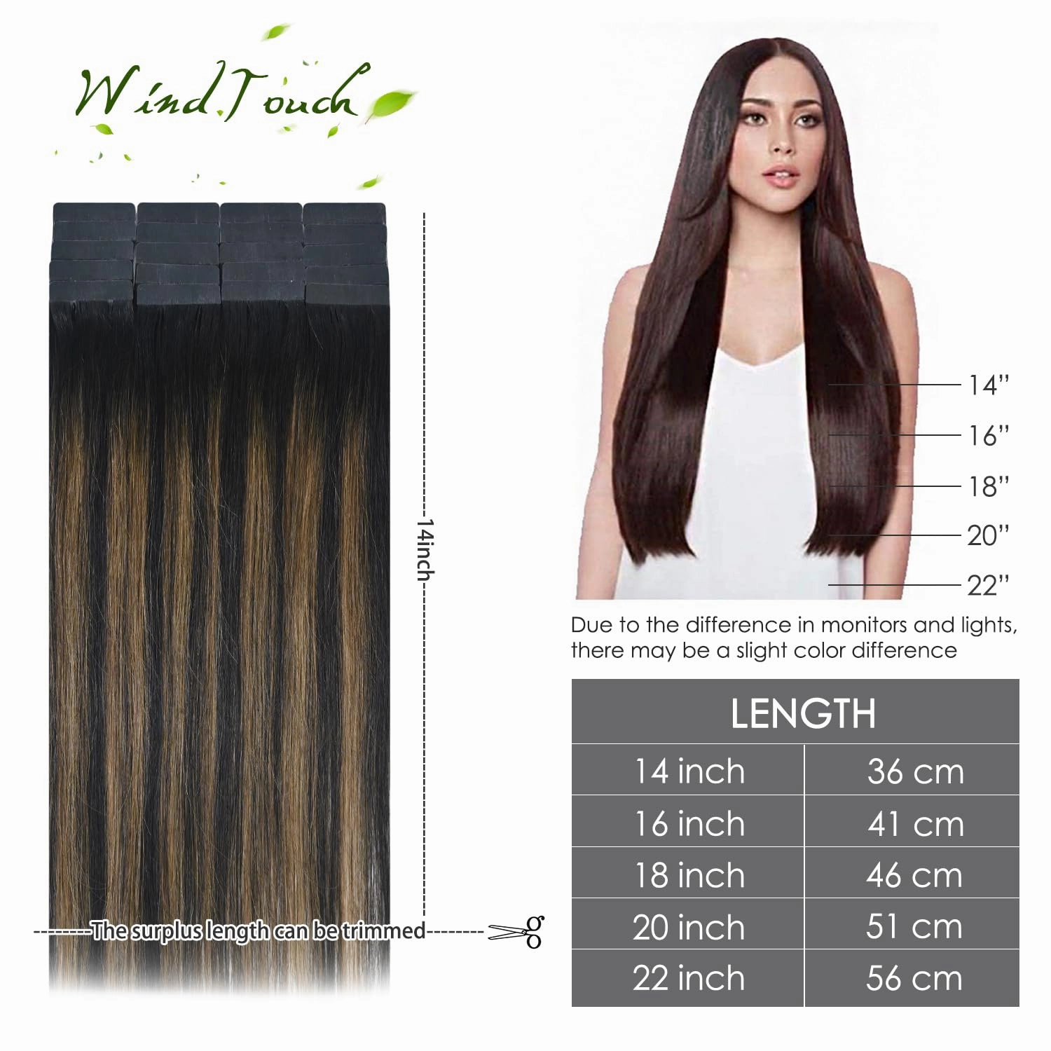 WindTouch Tape in Hair Extensions Natural Black to Chestnut Brown Balayage 20 inch Tape in Human Hair Straight Real Natural Thick Hair Extensions 20Pcs 50g Straight
