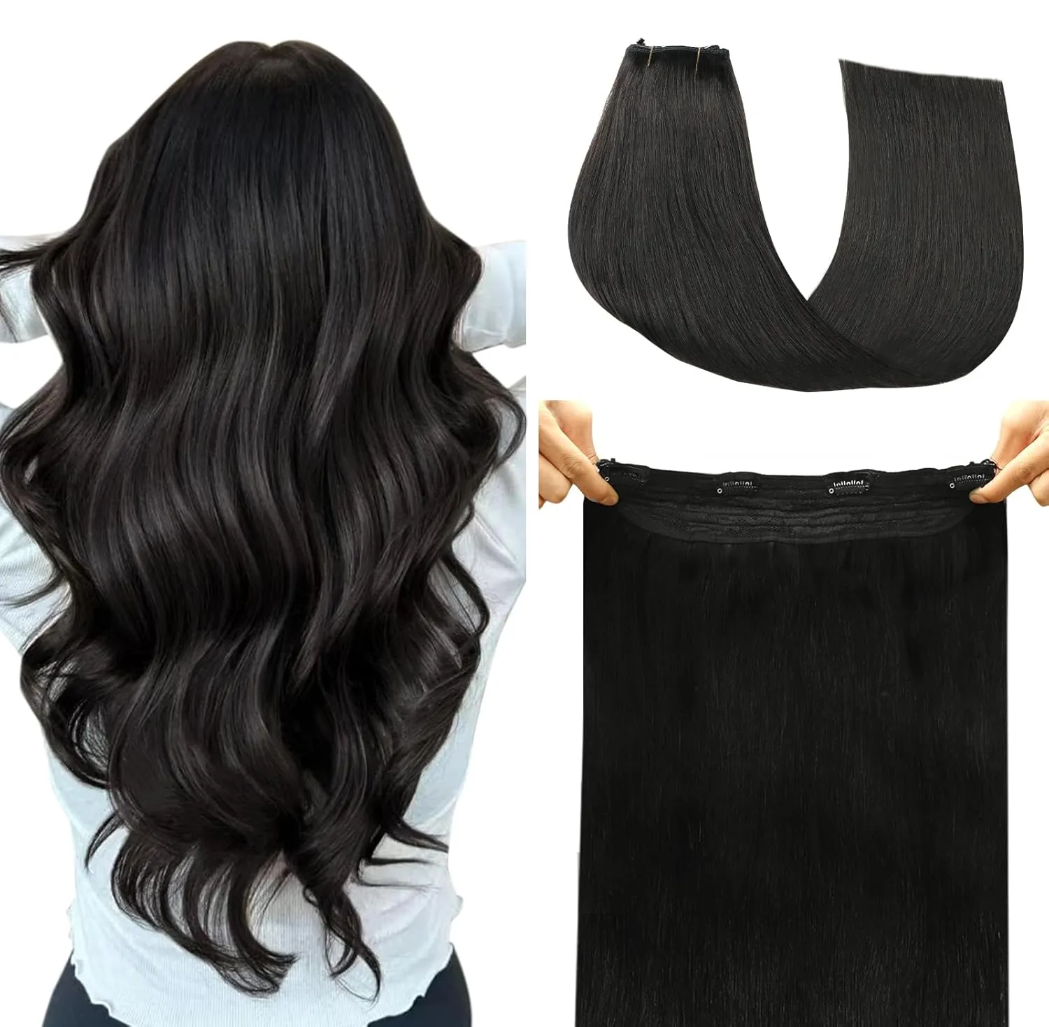 Wire Hair Extensions 70g Straight Human Hair Wire Extensions Natural Black Invisible Wire Hair Extensions Real Human Hair Black Hair Extensions for Women 14inch(#1B-14inch)