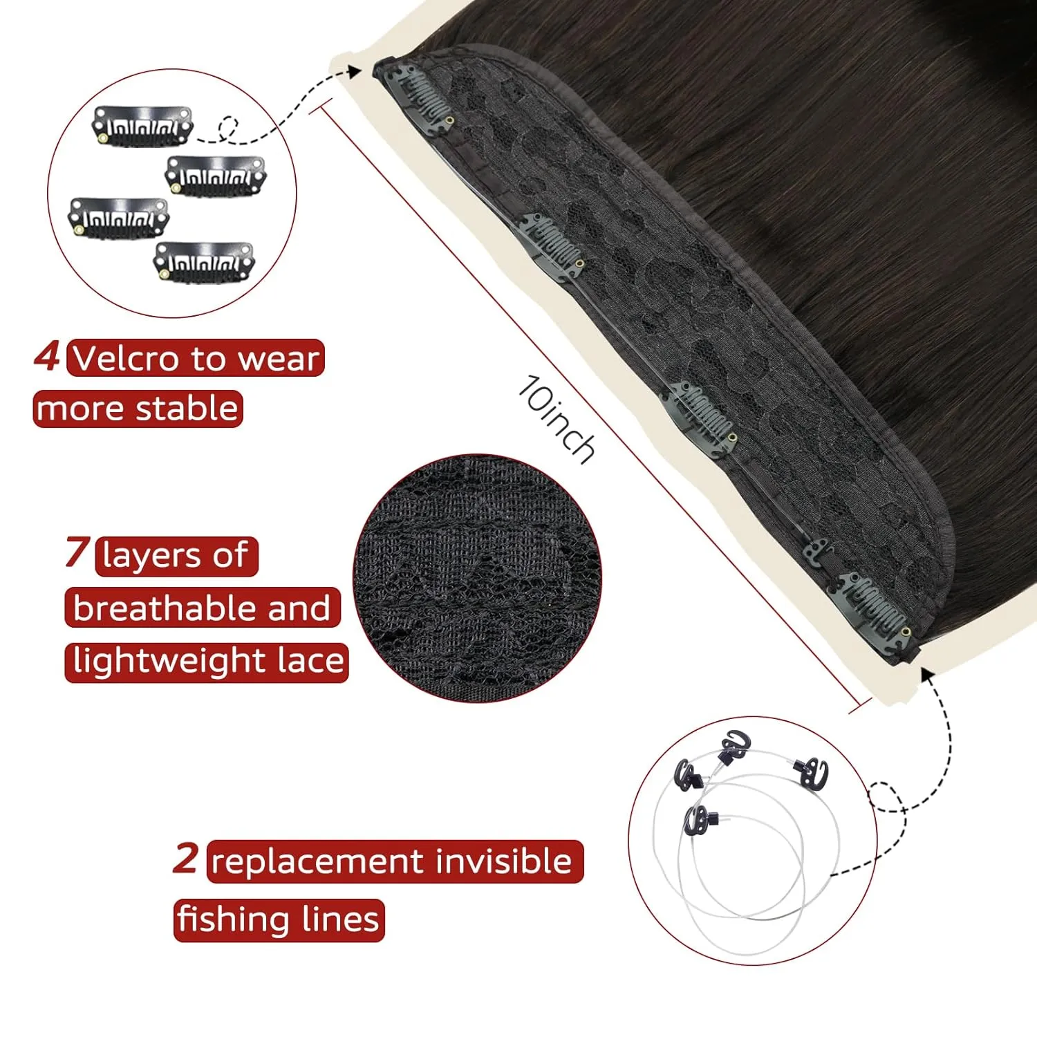 Wire Hair Extensions Fish Line Hair Dark Brown Extensions, Invisible Wire Extensions Real Human Hair Straight 14inch 70g Adjustable Size Hair Extensions(#2-14inch)