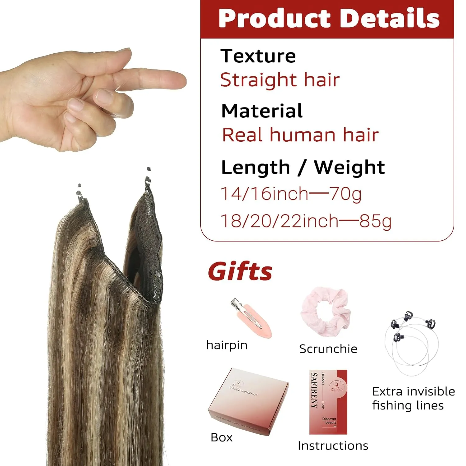 Wire Hair Extensions Fish Line Hair Dark Brown Extensions, Invisible Wire Extensions Real Human Hair Straight 14inch 70g Adjustable Size Hair Extensions(#2-14inch)