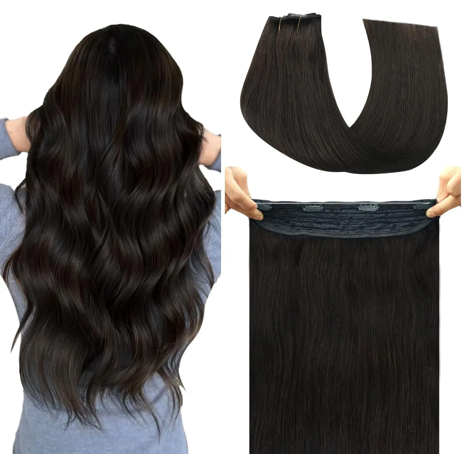 Wire Hair Extensions Fish Line Hair Dark Brown Extensions, Invisible Wire Extensions Real Human Hair Straight 14inch 70g Adjustable Size Hair Extensions(#2-14inch)