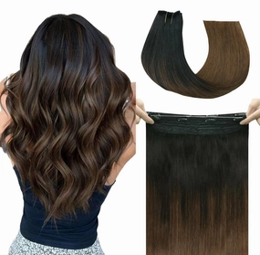 Wire Hair Extensions 70g Straight Human Hair Wire Extensions Natural Black to Brown Invisible Wire Hair Real Human Hair Brown Hair Extensions for Women 14inch(#1BT/4-14inch)