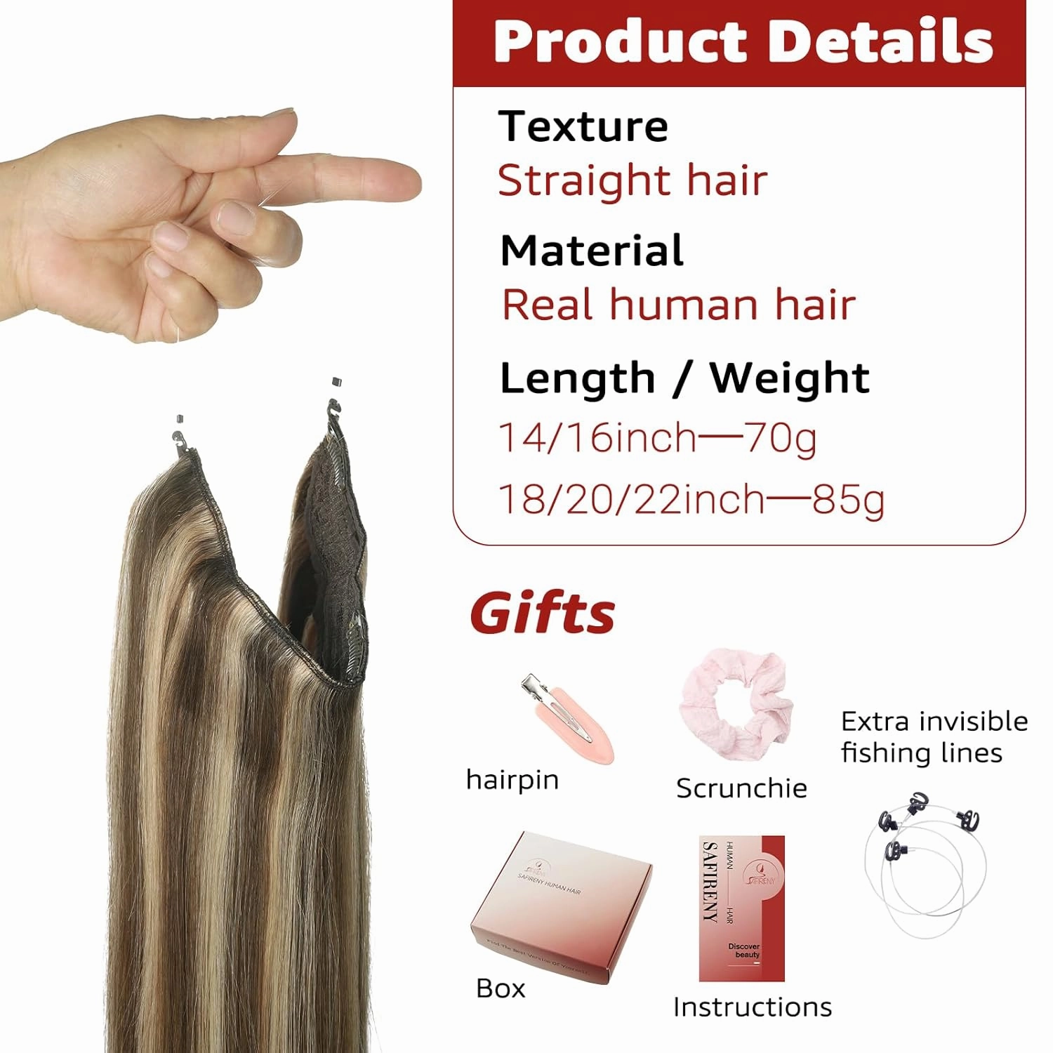 Wire Hair Extensions Fish Line Hair Extensions Jet Black Extensions, Invisible Wire Hair Extensions Real Human Hair Straight 14inch 70g Adjustable Size Hair Extensions(#1-14inch)